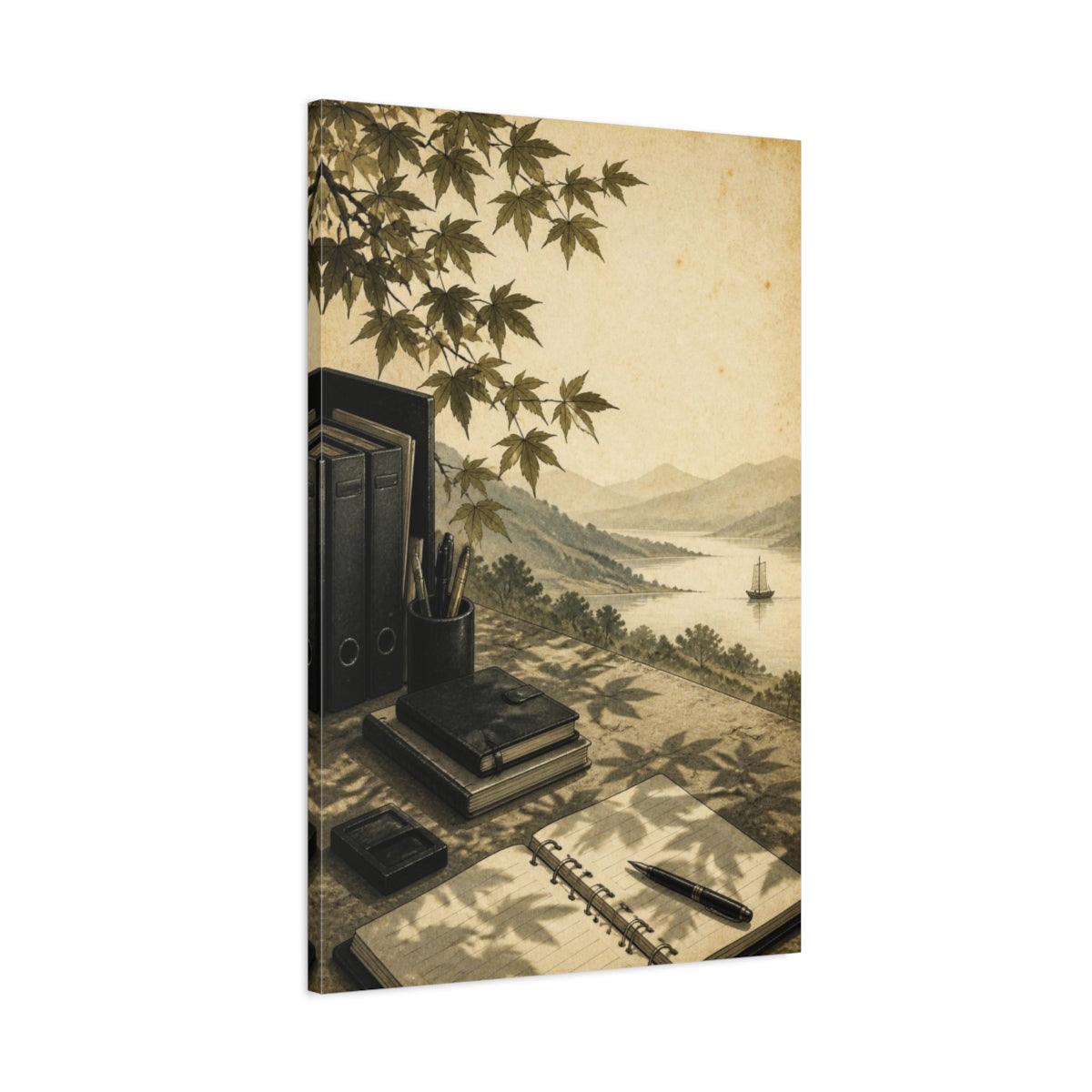 Main Mockup. Office Desk With Leaves shown as canvas print