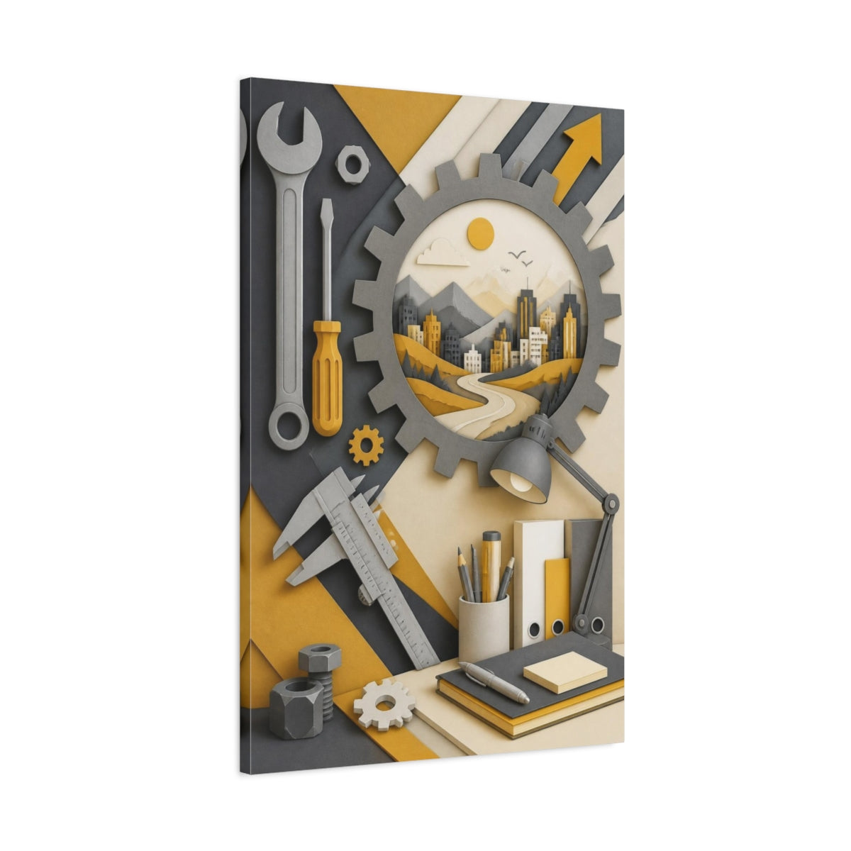 Main Mockup. Office Gear Cityscape shown as canvas print