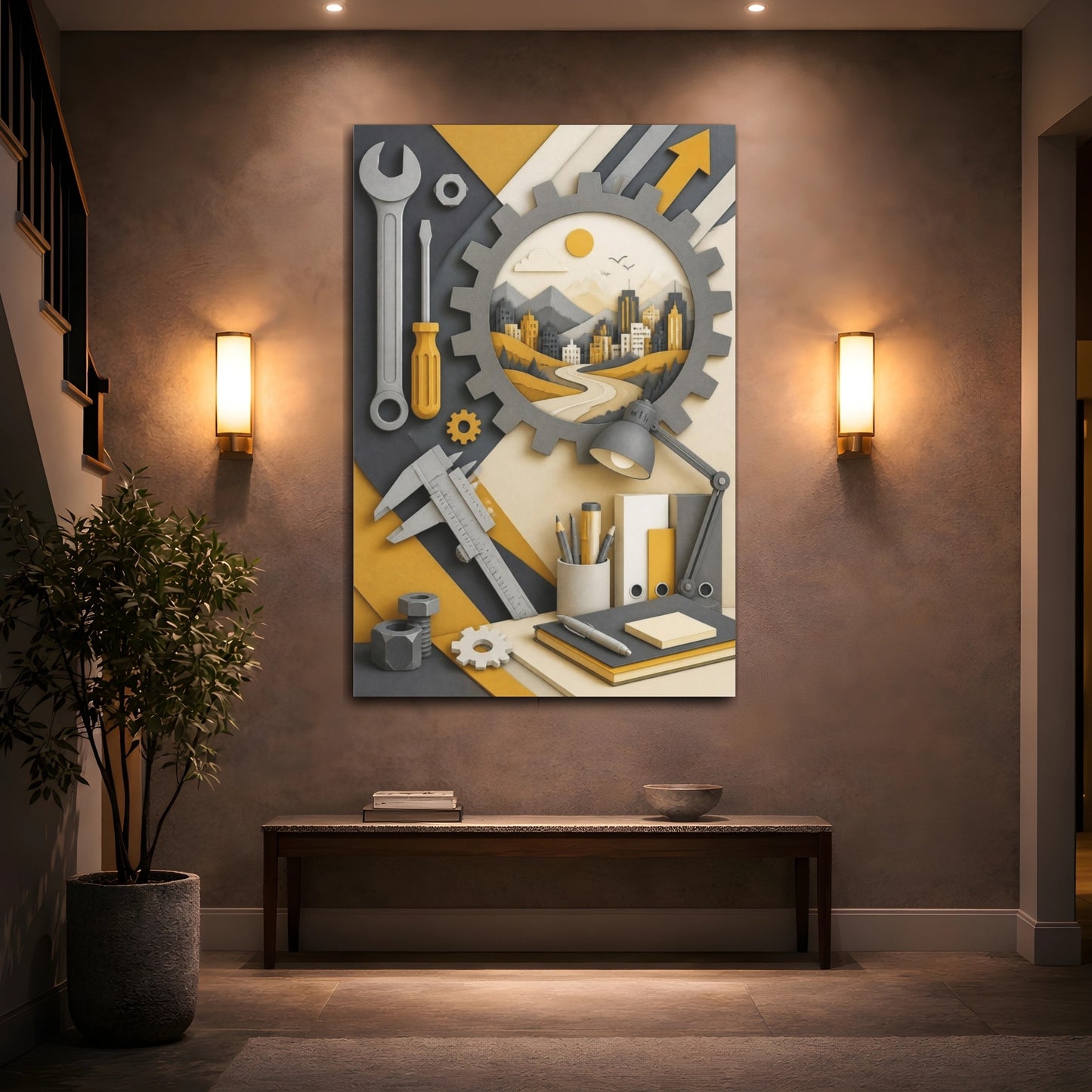 Mockup 2. Office Gear Cityscape shown as canvas print