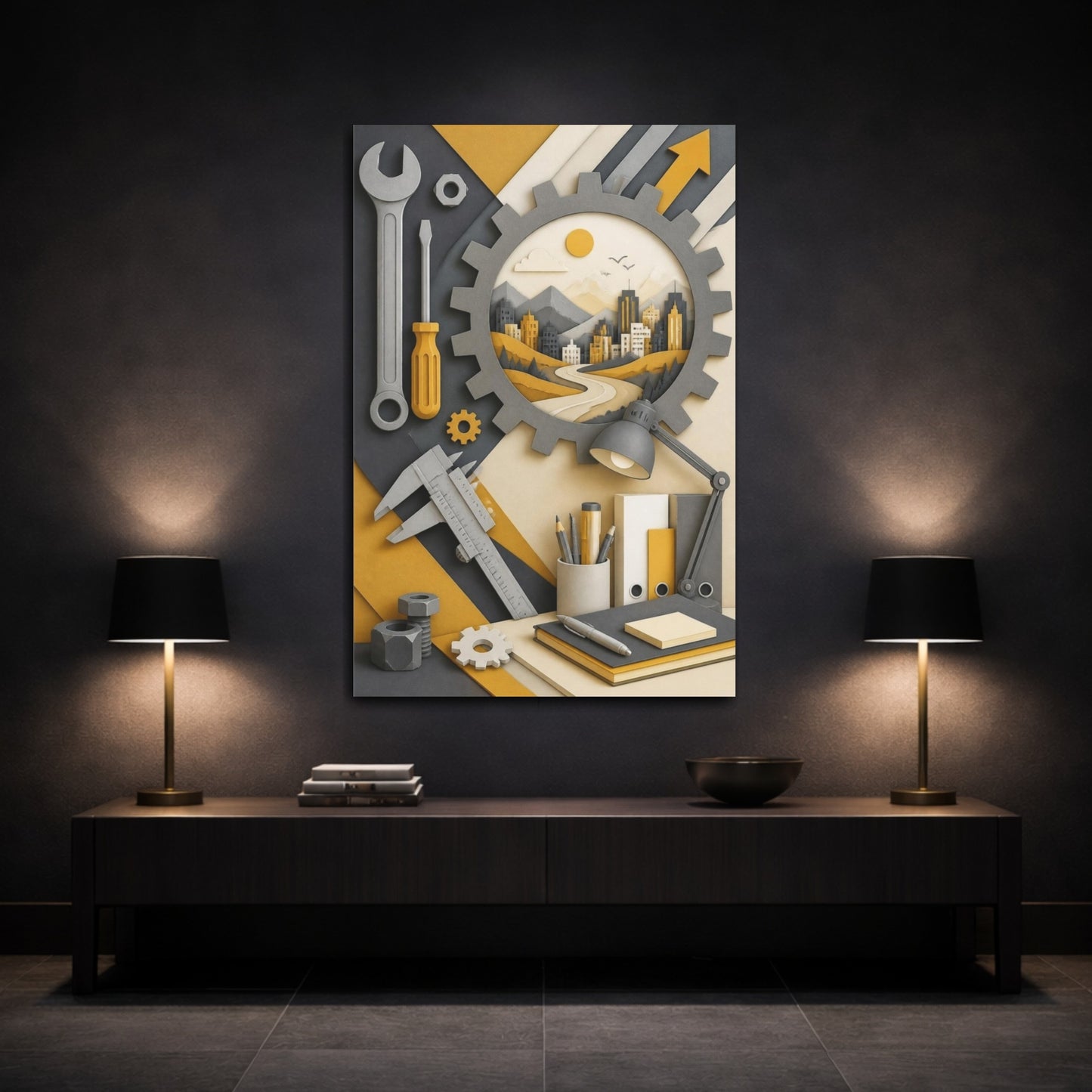 Mockup 3. Office Gear Cityscape shown as canvas print
