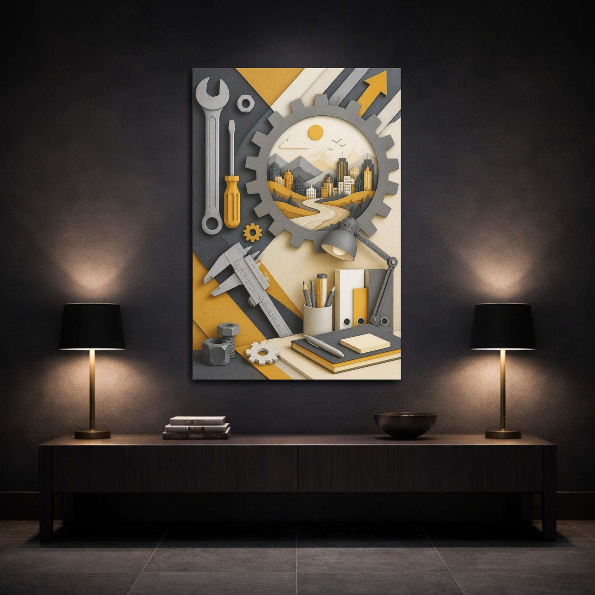 Mockup 3. Office Gear Cityscape shown as canvas print