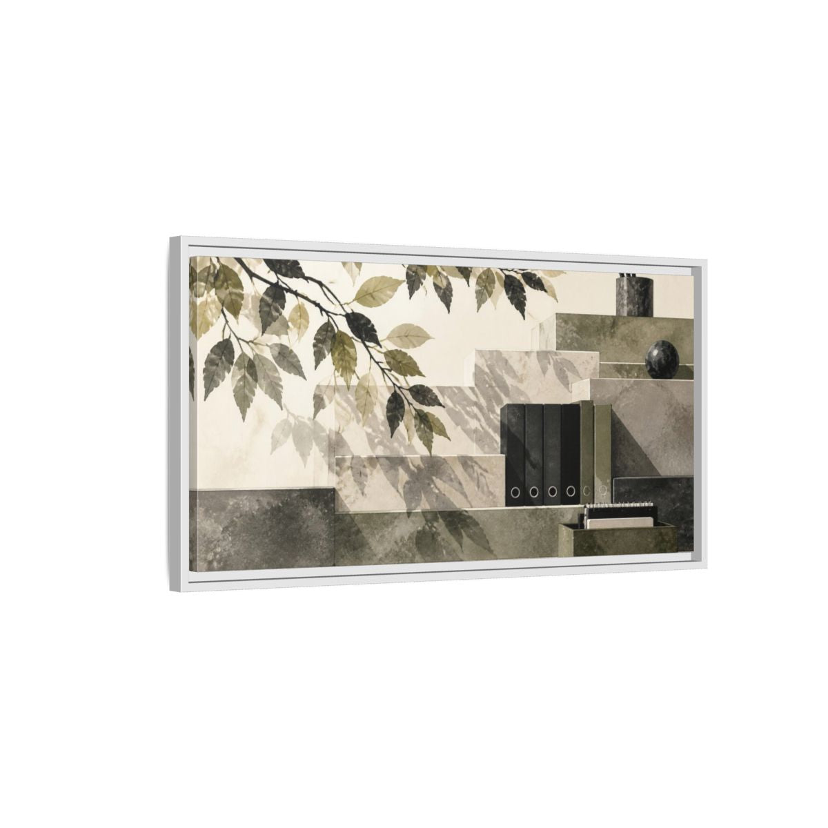 Side Mockup 1. Office Leaves Composition shown as framed canvas print