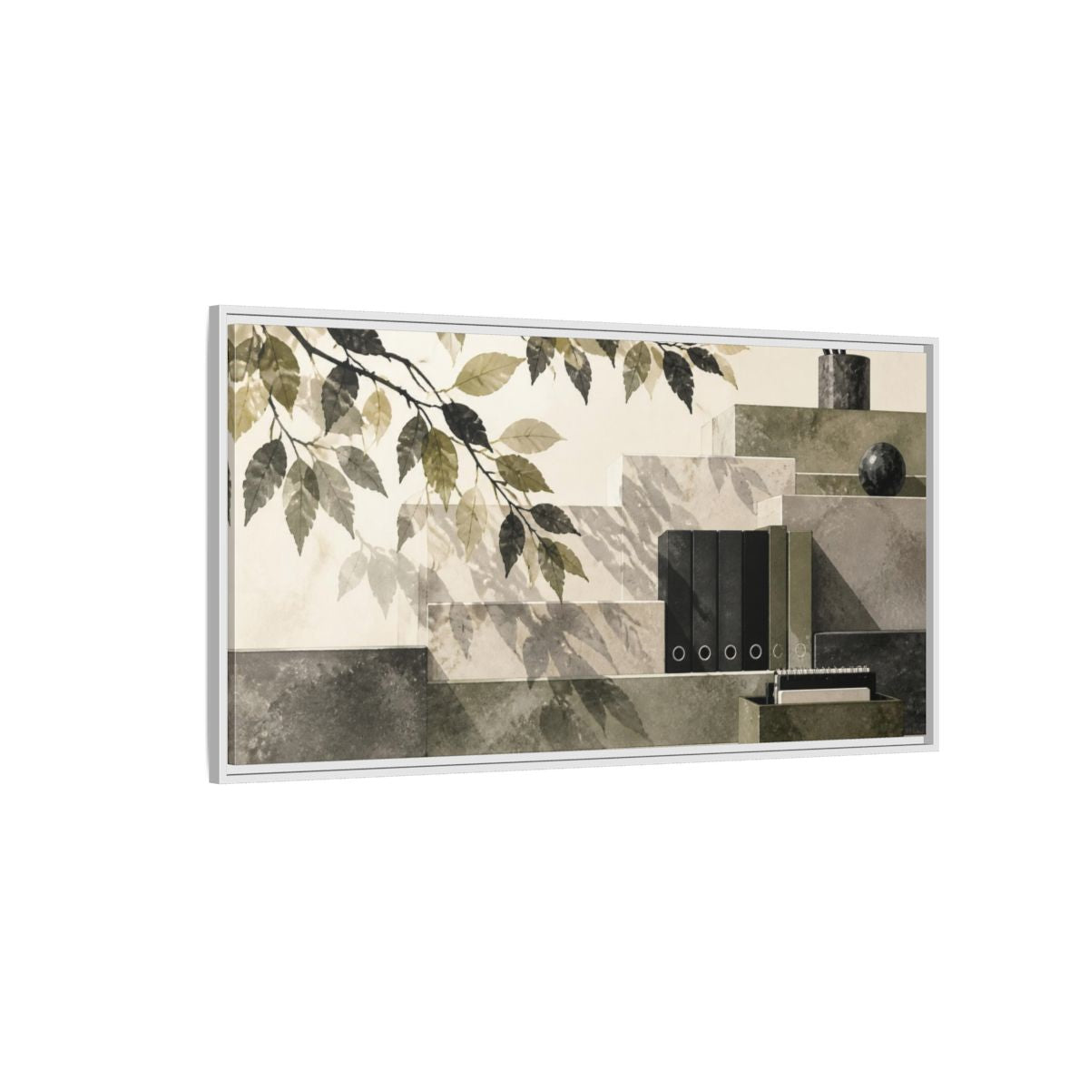 Side Mockup 3. Office Leaves Composition shown as framed canvas print