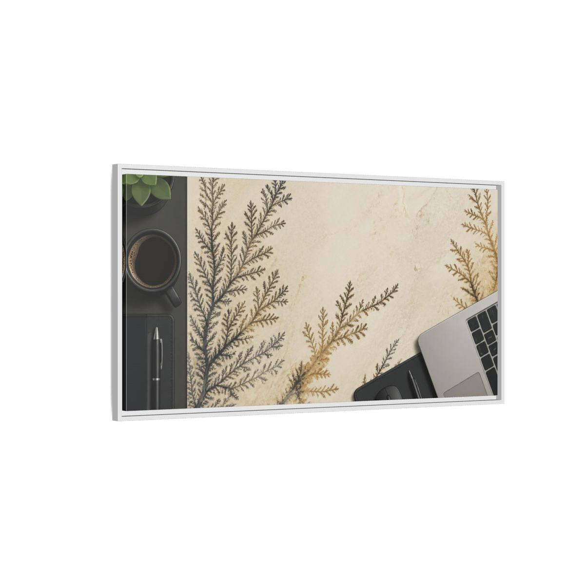 Side Mockup 3. Office Limestone Dendrite shown as framed canvas print