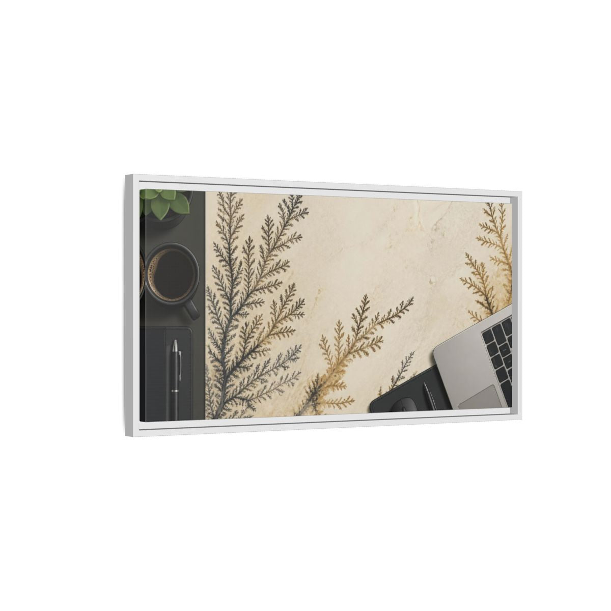 Side Mockup 1. Office Limestone Dendrite shown as framed canvas print