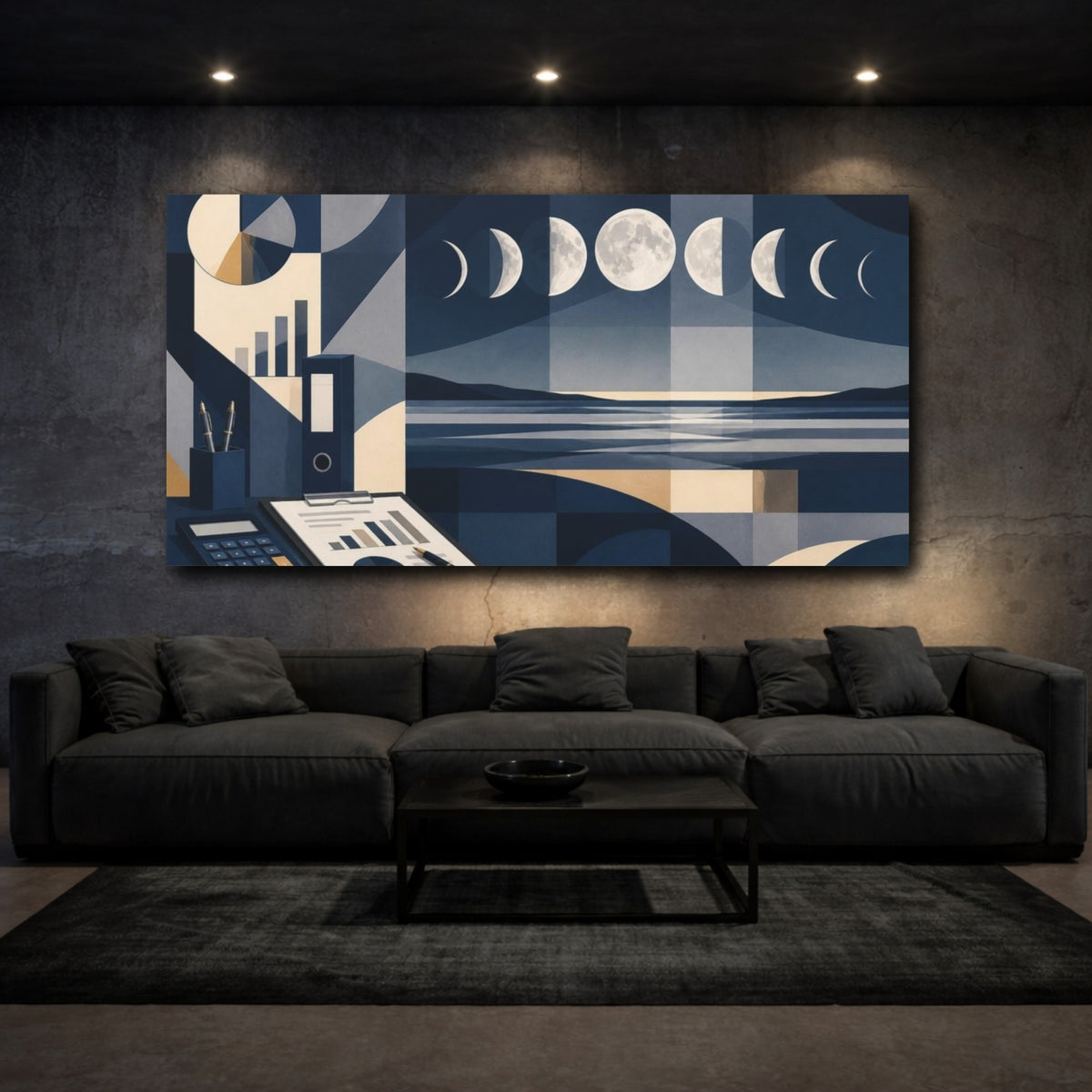 Mockup 3. Office Moon Phases Horizon shown as canvas print
