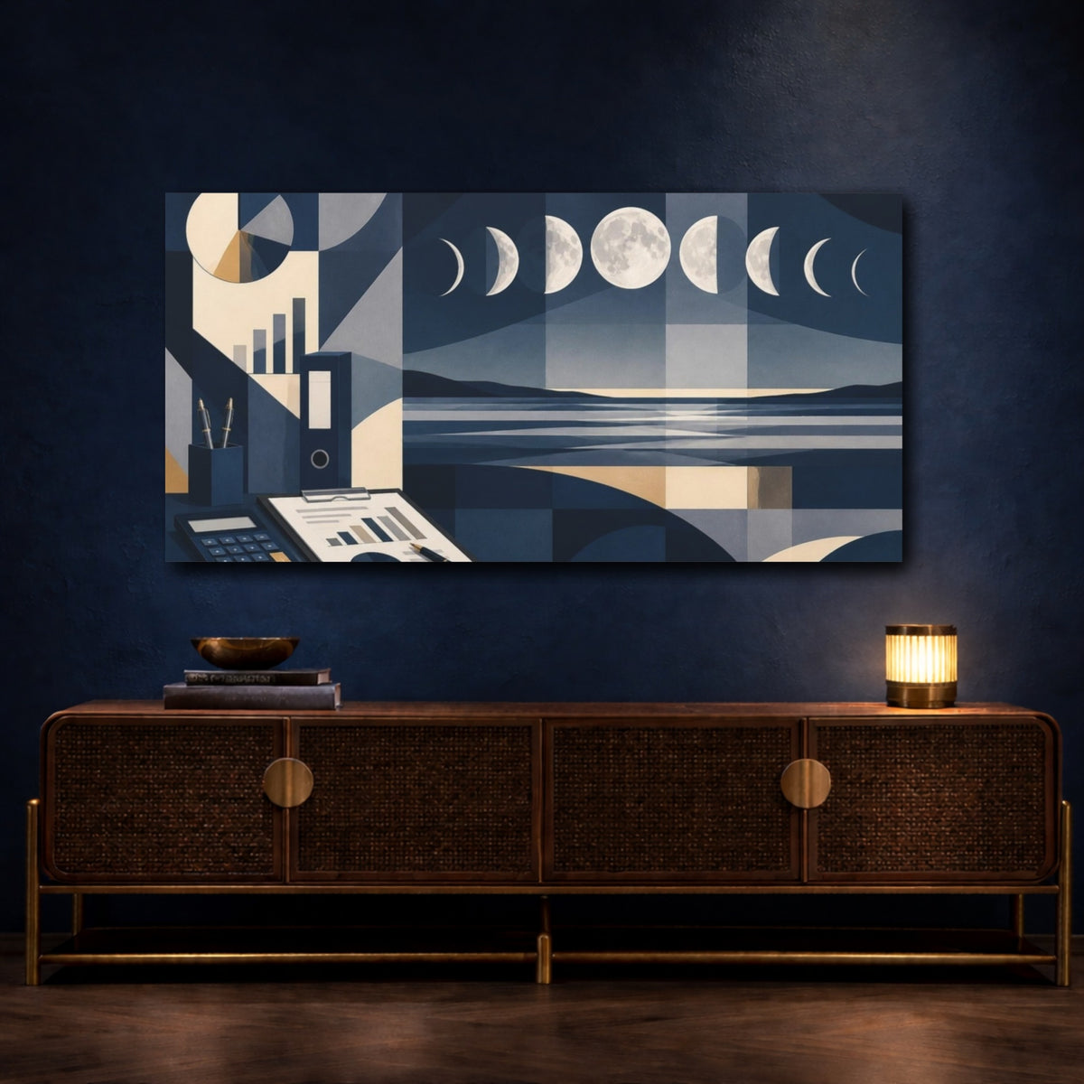 Mockup 4. Office Moon Phases Horizon shown as canvas print