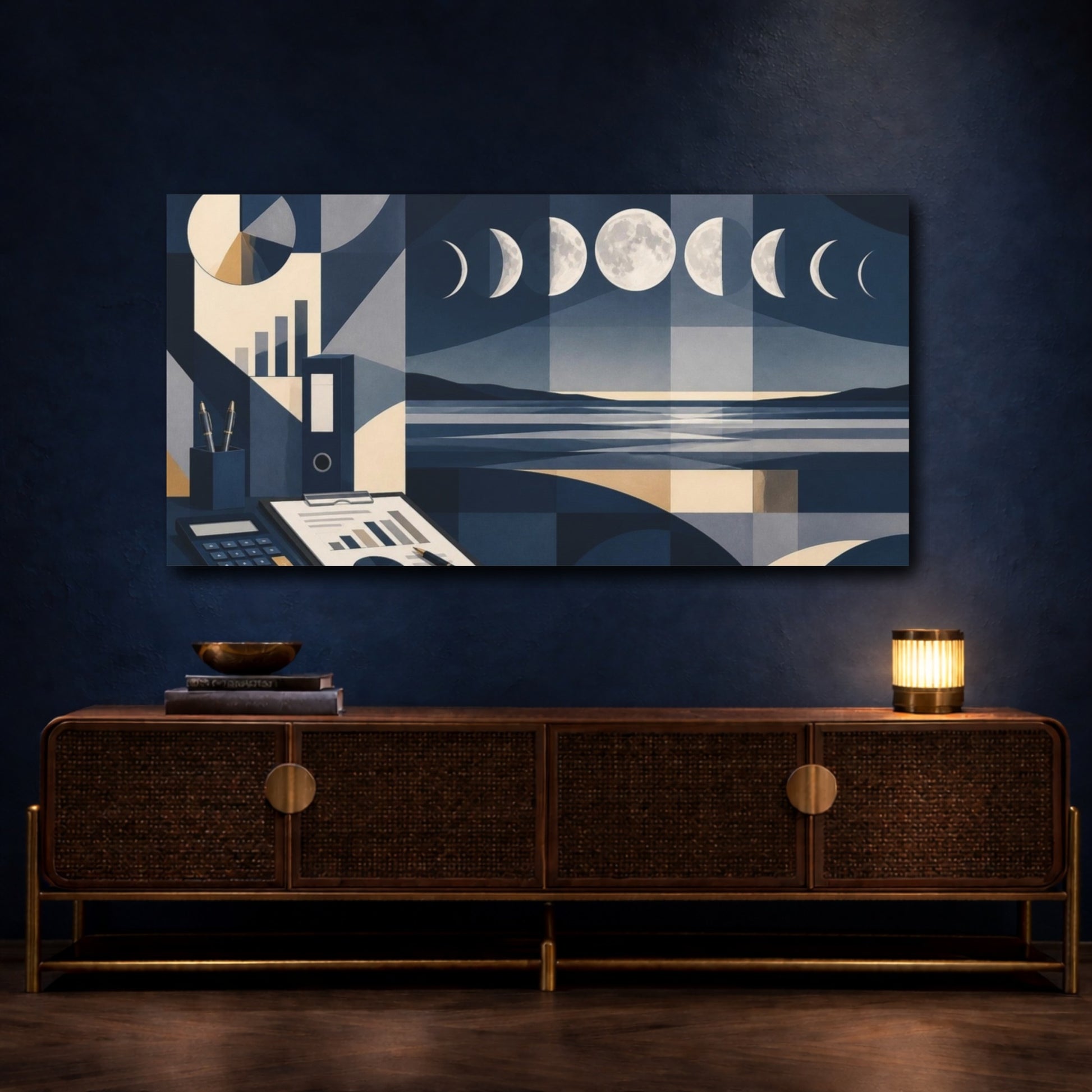 Mockup 4. Office Moon Phases Horizon shown as canvas print