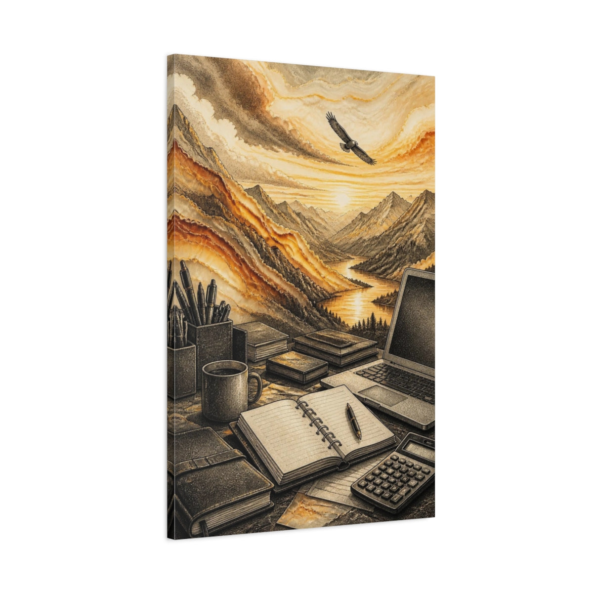 Main Mockup. Office Mountain Sunrise shown as canvas print