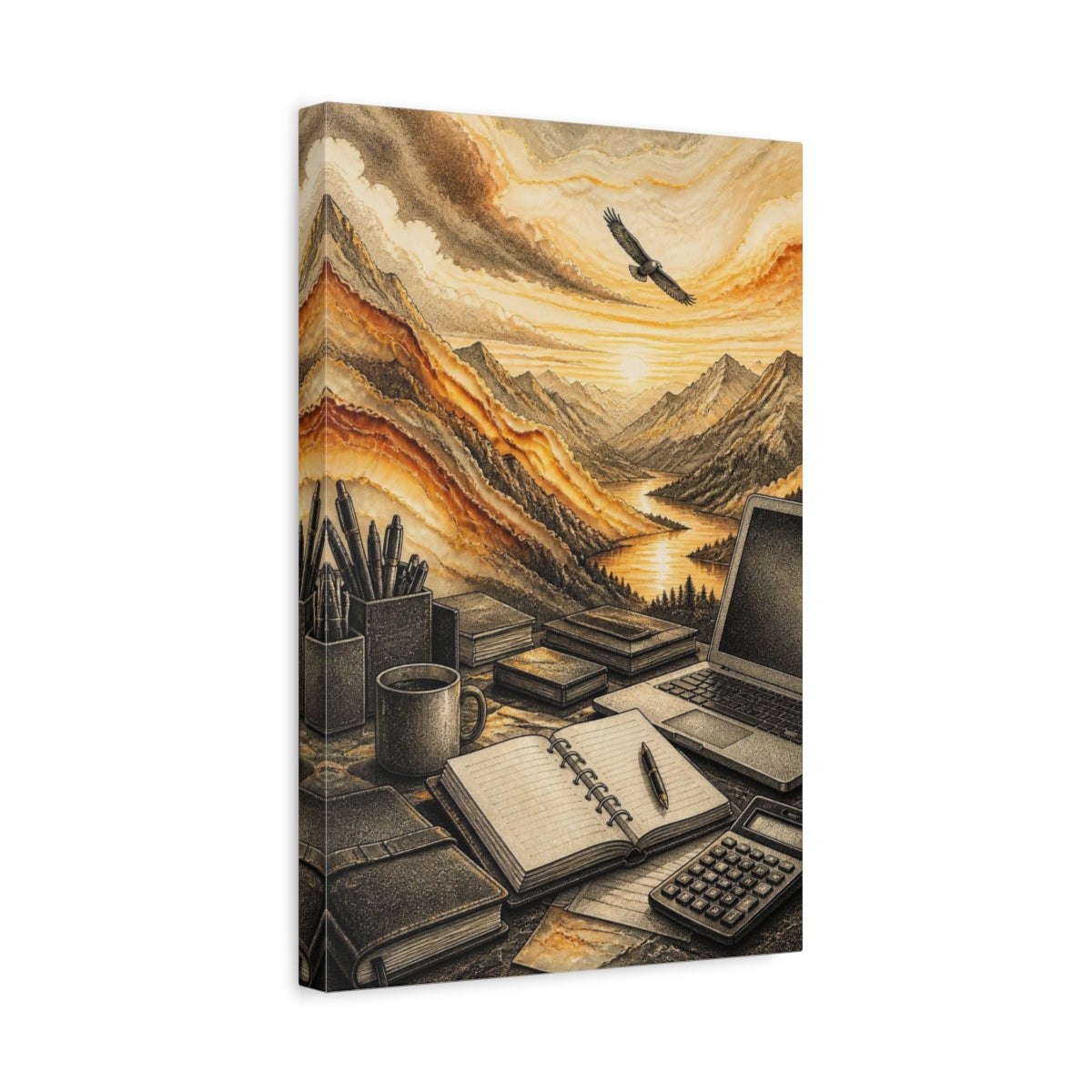 Side Mockup 4. Office Mountain Sunrise shown as canvas print