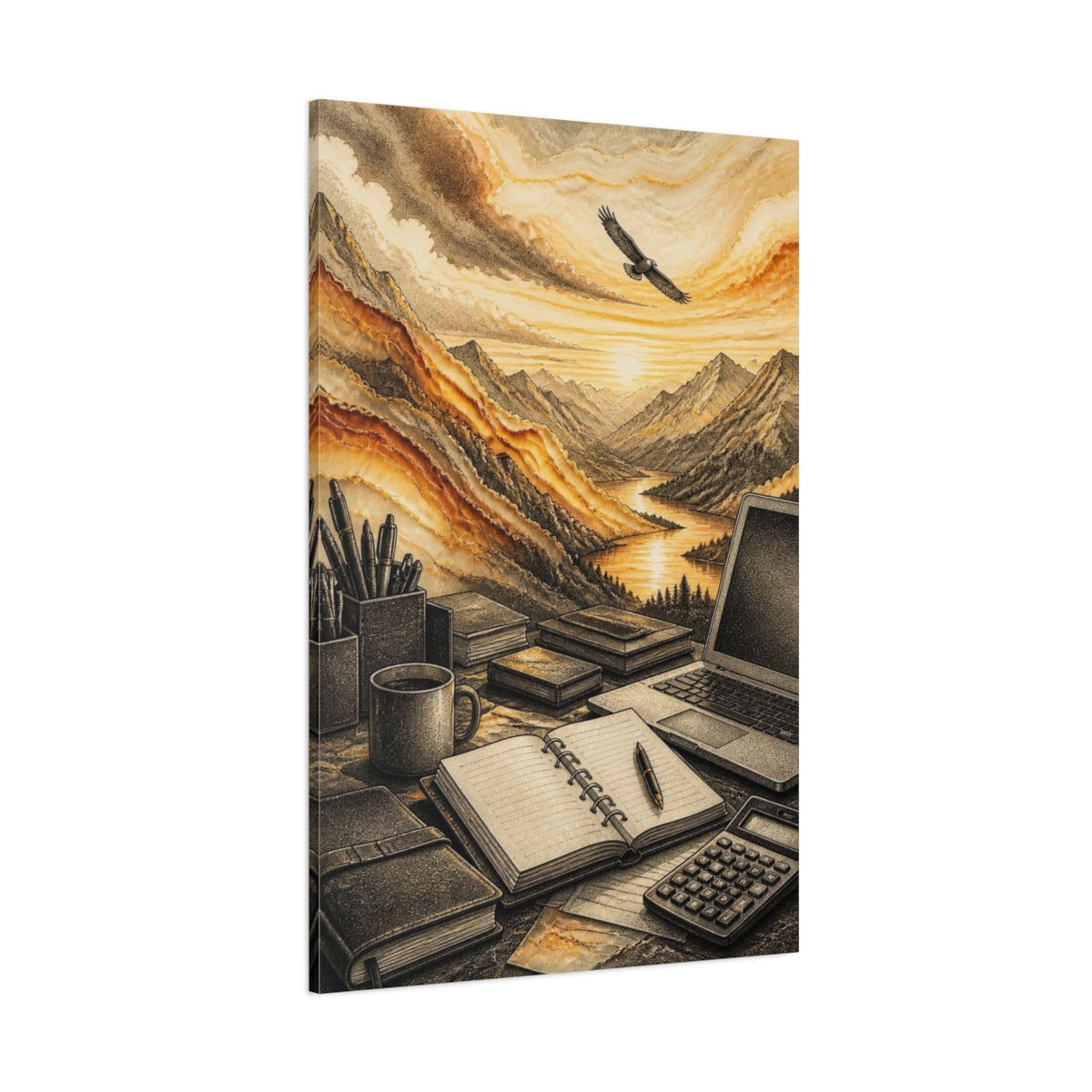 Side Mockup 1. Office Mountain Sunrise shown as canvas print