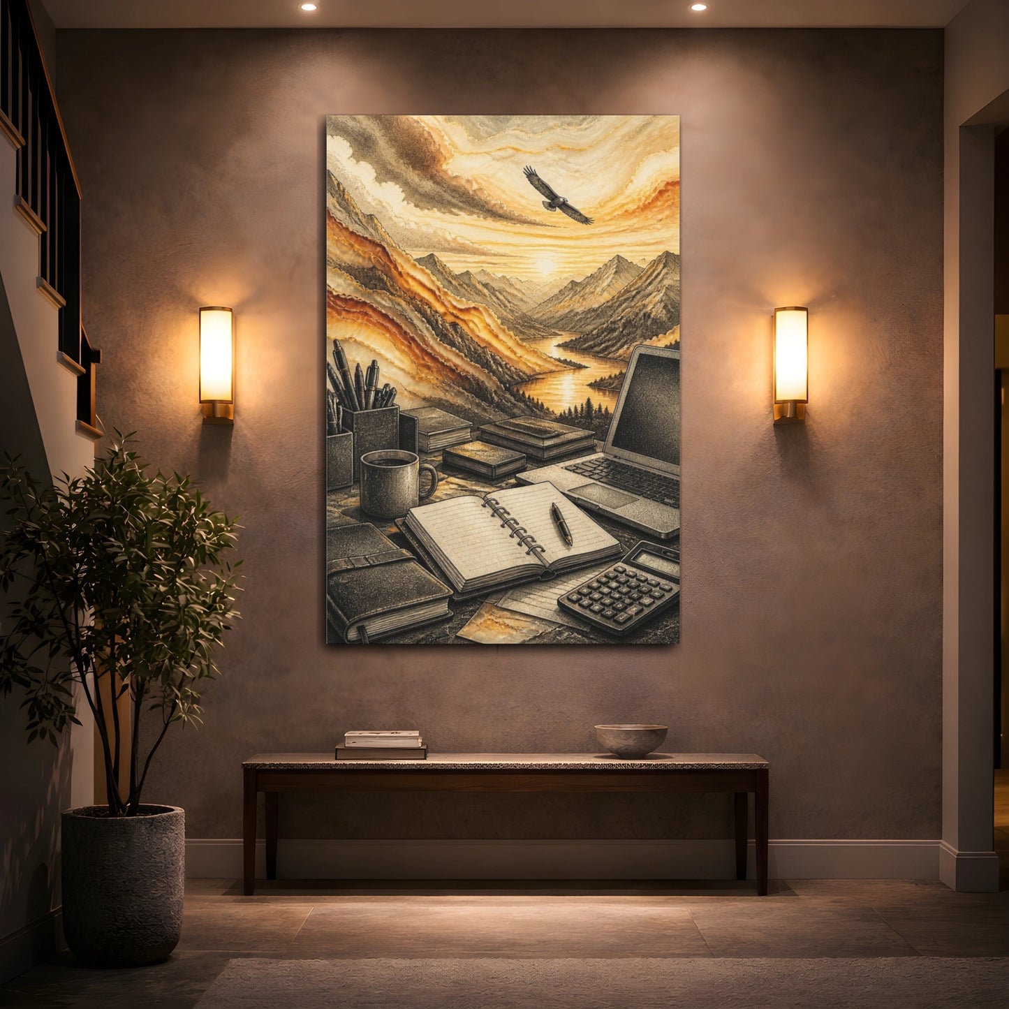 Mockup 2. Office Mountain Sunrise shown as canvas print