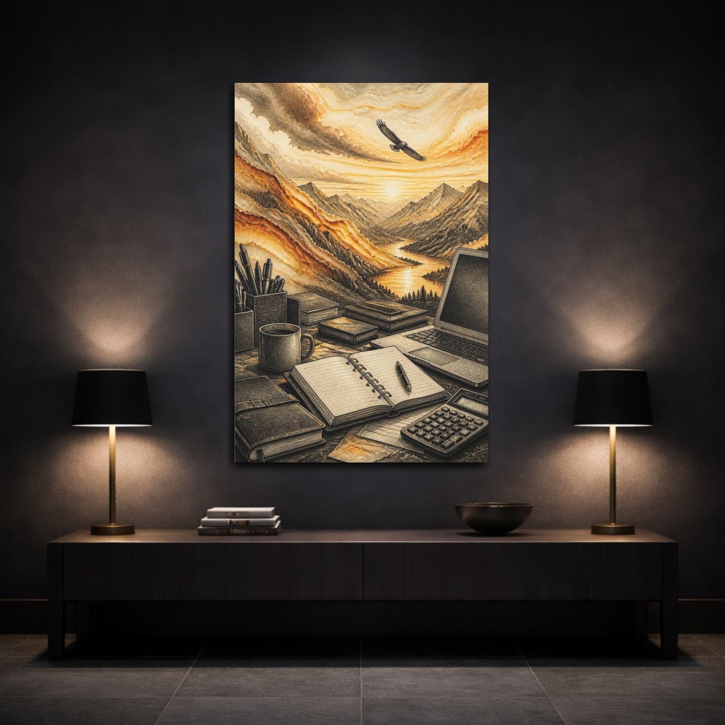Mockup 3. Office Mountain Sunrise shown as canvas print