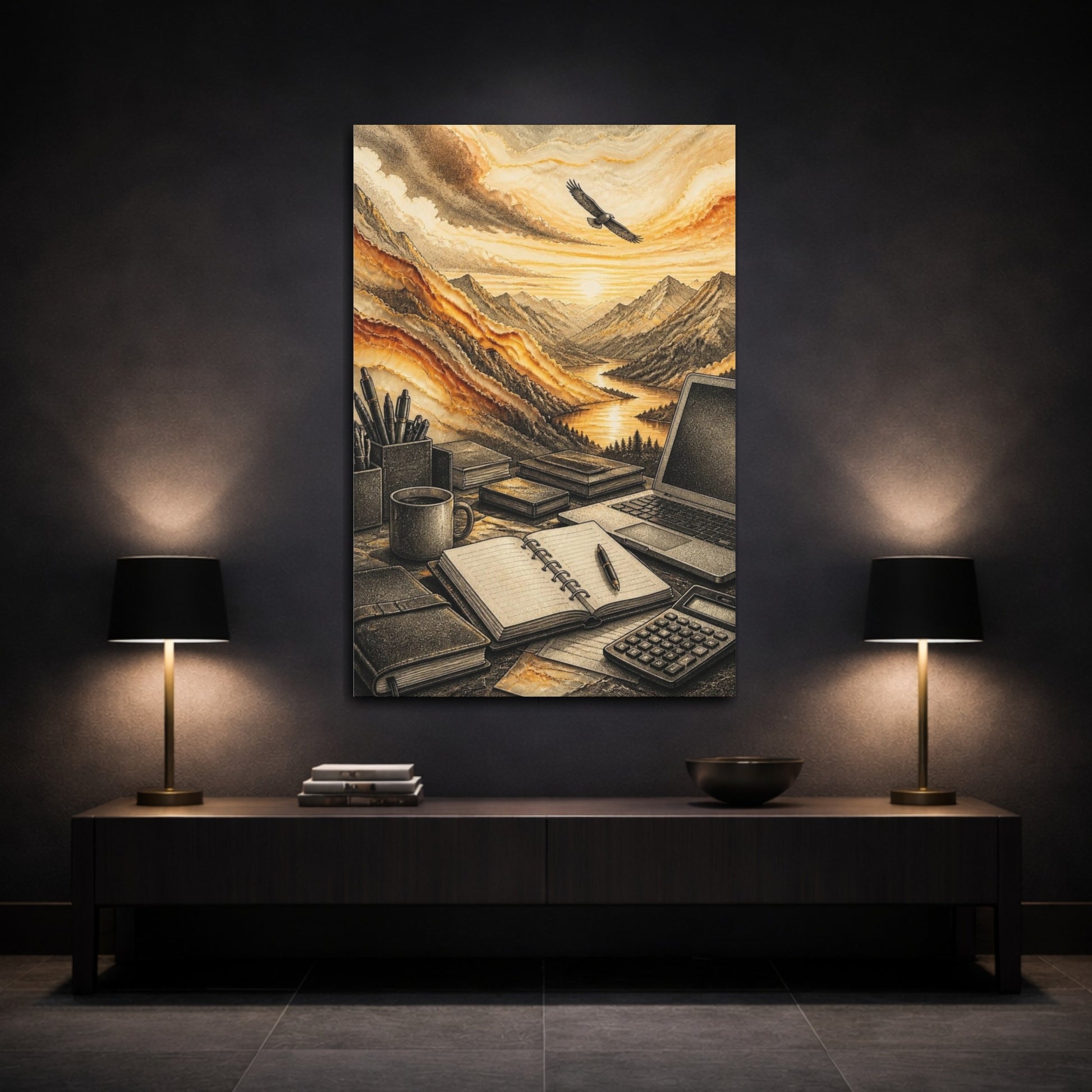 Mockup 3. Office Mountain Sunrise shown as canvas print