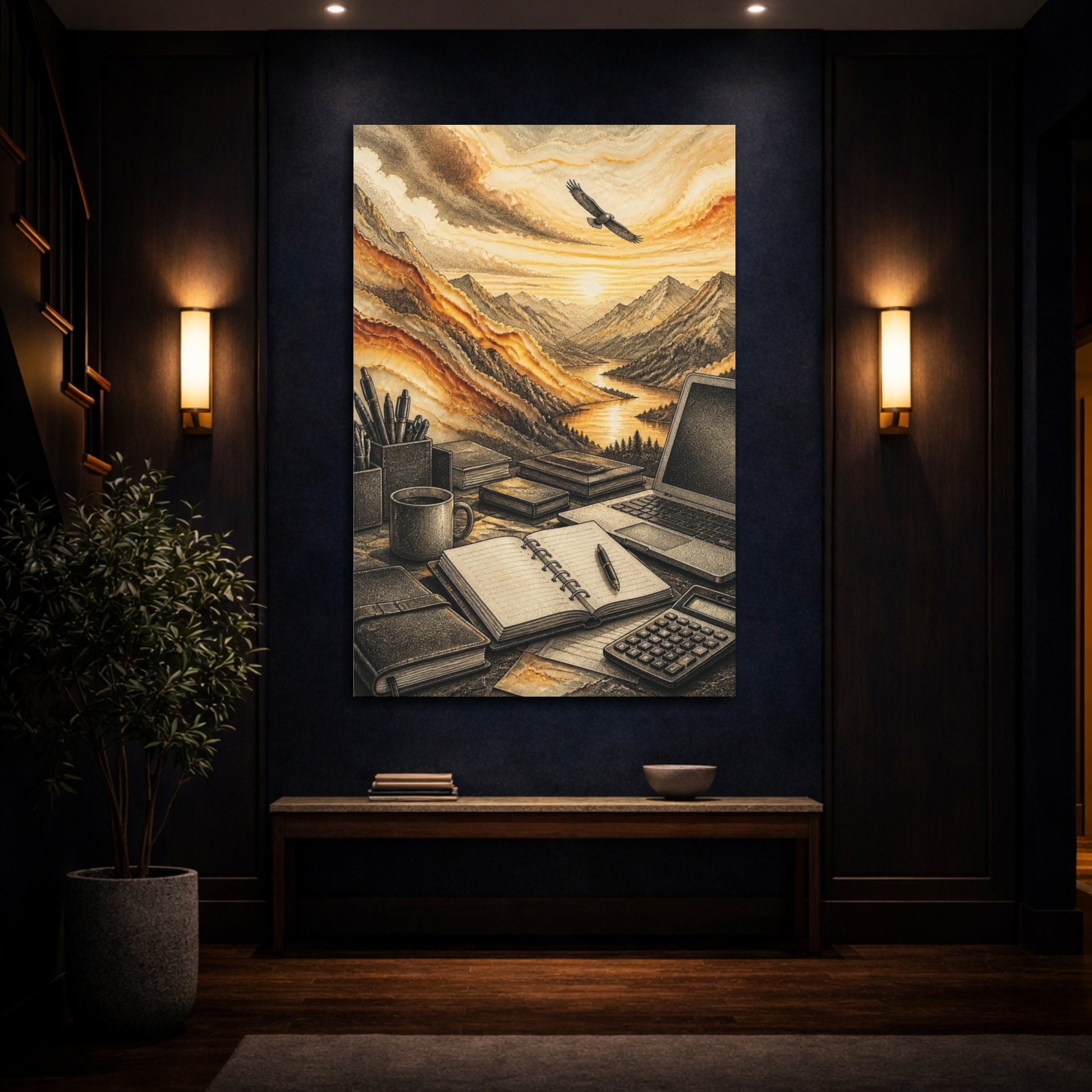 Mockup 4. Office Mountain Sunrise shown as canvas print