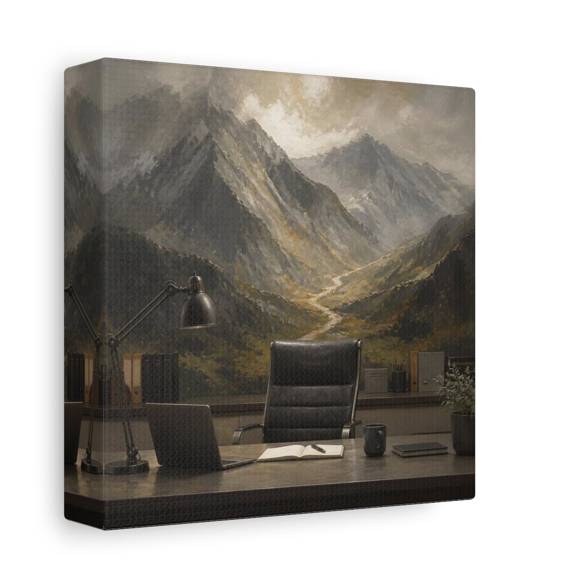 Side Mockup 2. Office Mountain Vista shown as canvas print