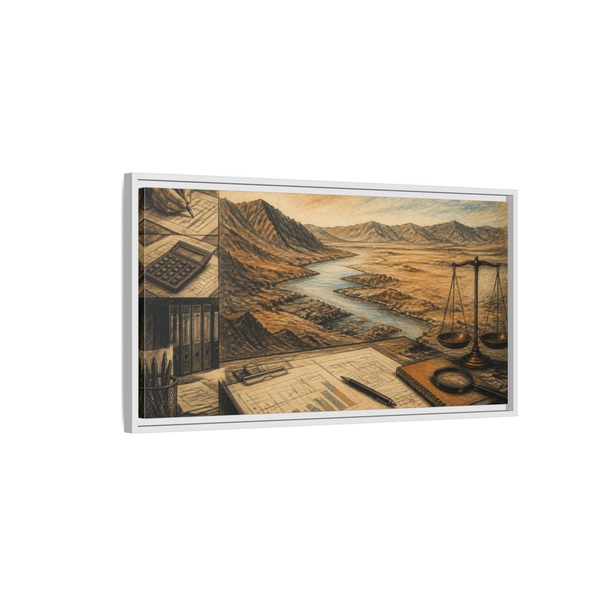 Side Mockup 1. Office River View shown as framed canvas print