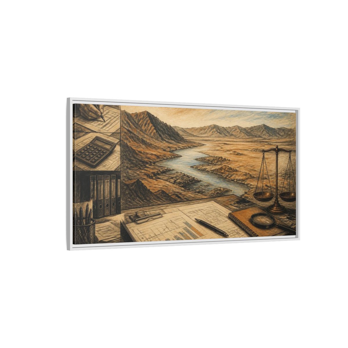 Side Mockup 3. Office River View shown as framed canvas print