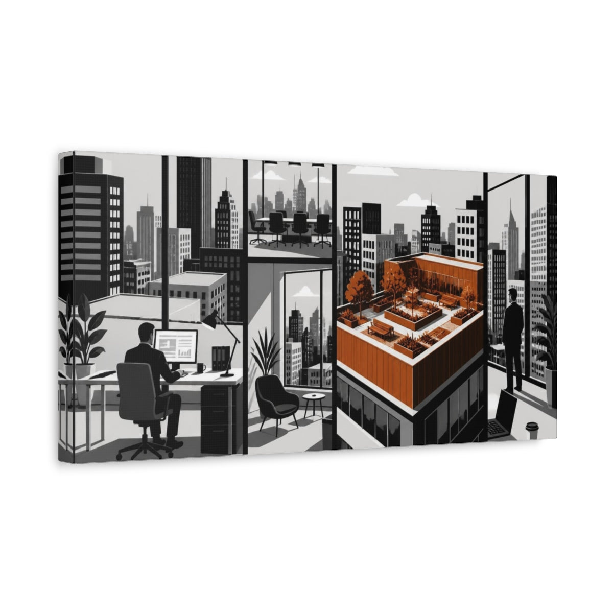 Side Mockup 3. Office Rooftop Garden View shown as canvas print