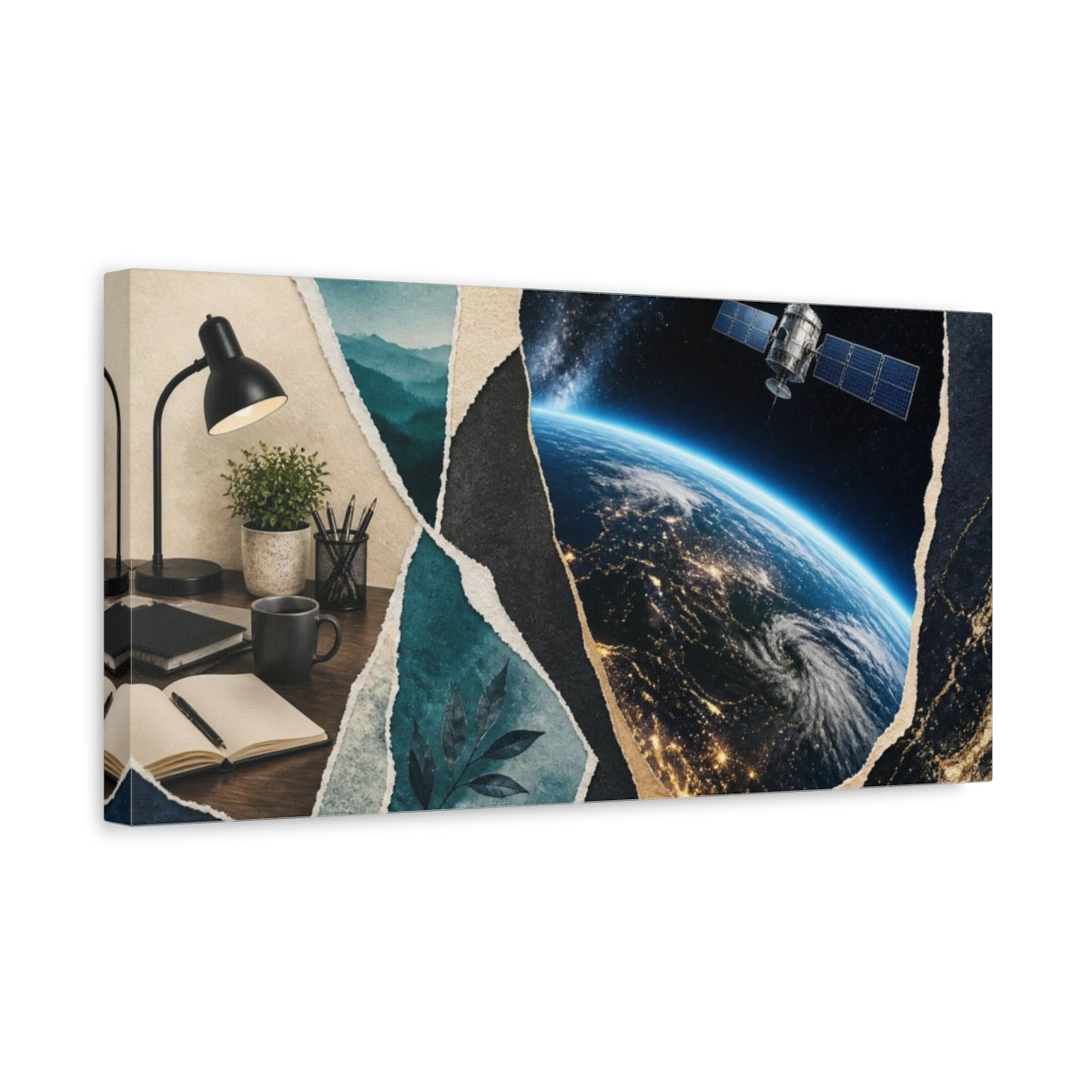 Side Mockup 3. Office Satellite Over Earth shown as canvas print