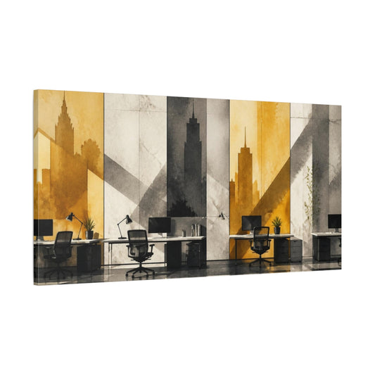 Main Mockup. Office Skyline Workstations shown as canvas print