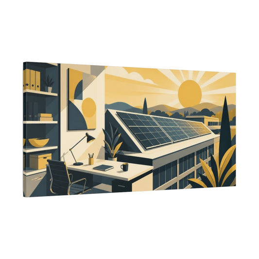 Main Mockup. Office Solar Panels Sunrise shown as canvas print