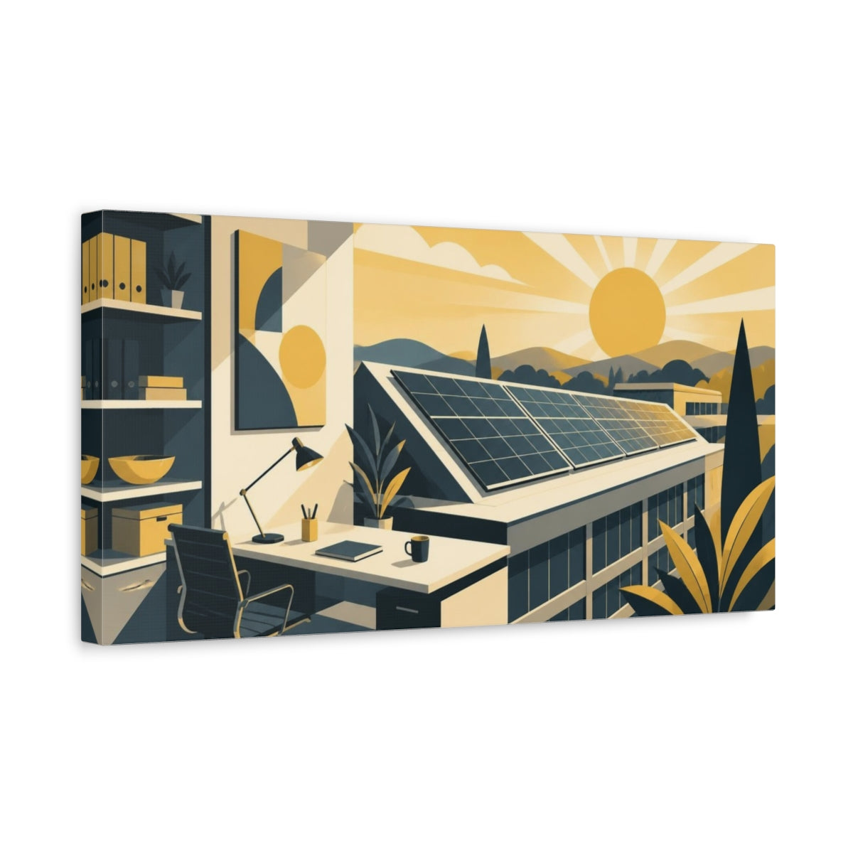 Side Mockup 3. Office Solar Panels Sunrise shown as canvas print