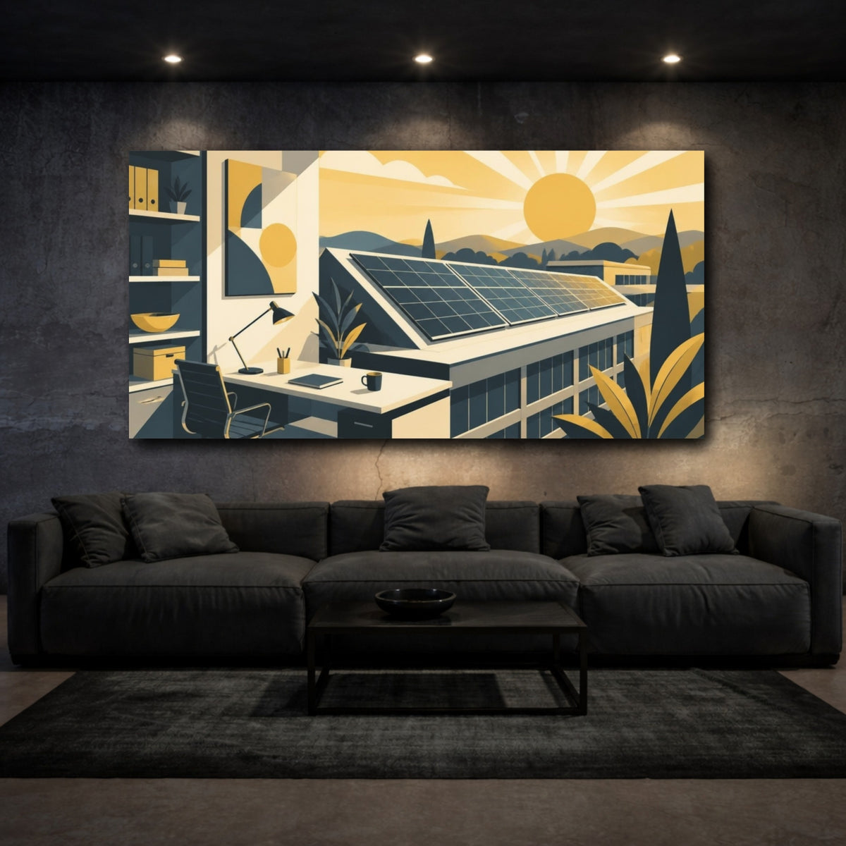Mockup 3. Office Solar Panels Sunrise shown as canvas print
