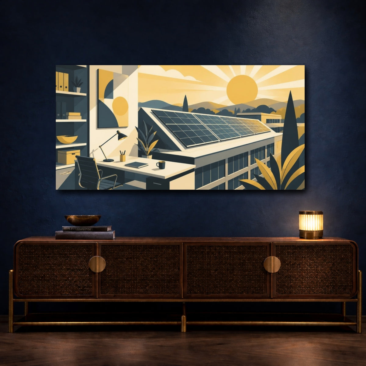Mockup 4. Office Solar Panels Sunrise shown as canvas print
