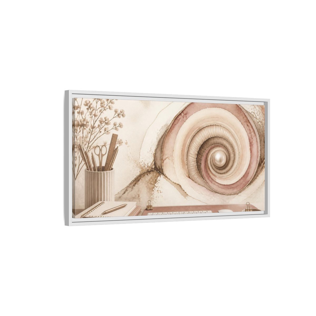 Side Mockup 1. Office Spiral Shell With Pearl shown as framed canvas print