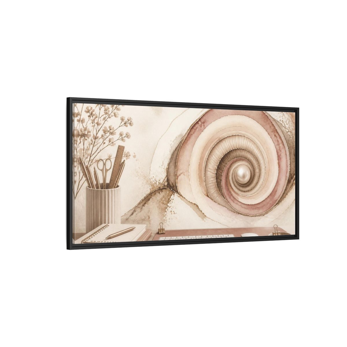 Side Mockup 5. Office Spiral Shell With Pearl shown as framed canvas print