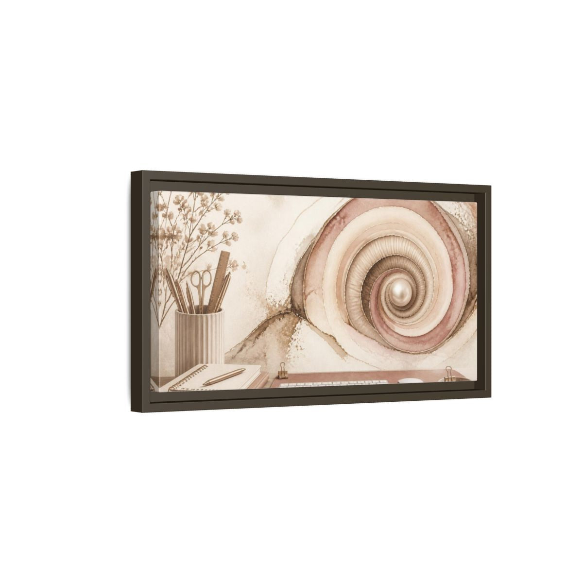 Side Mockup 7. Office Spiral Shell With Pearl shown as framed canvas print