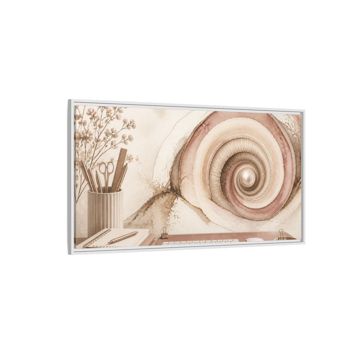 Side Mockup 3. Office Spiral Shell With Pearl shown as framed canvas print