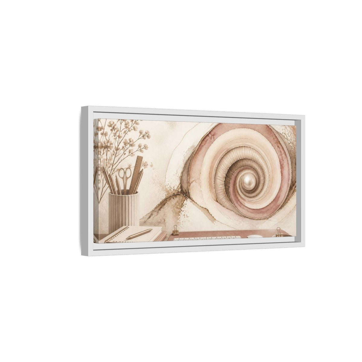 Side Mockup 6. Office Spiral Shell With Pearl shown as framed canvas print