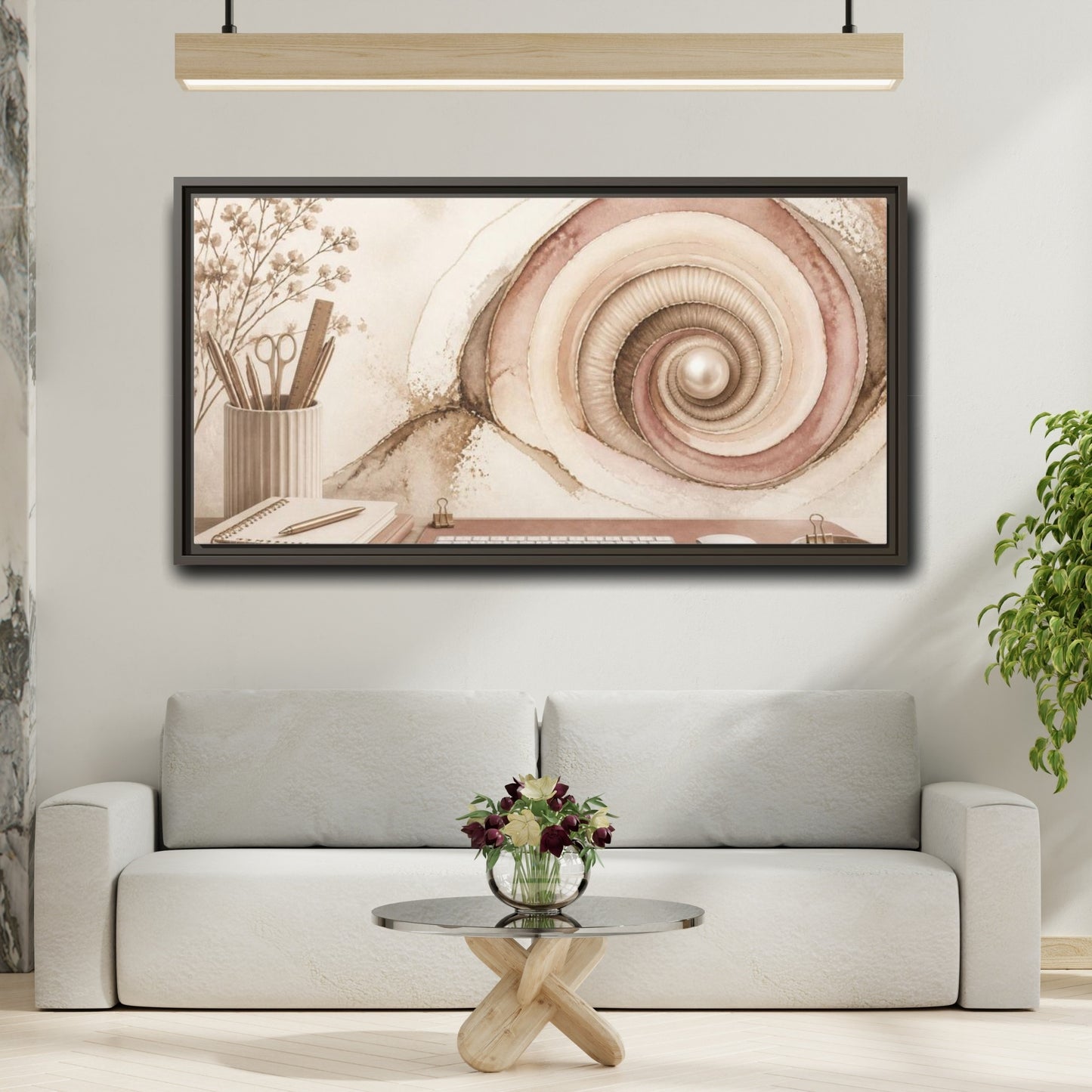 Mockup 2. Office Spiral Shell With Pearl shown as framed canvas print