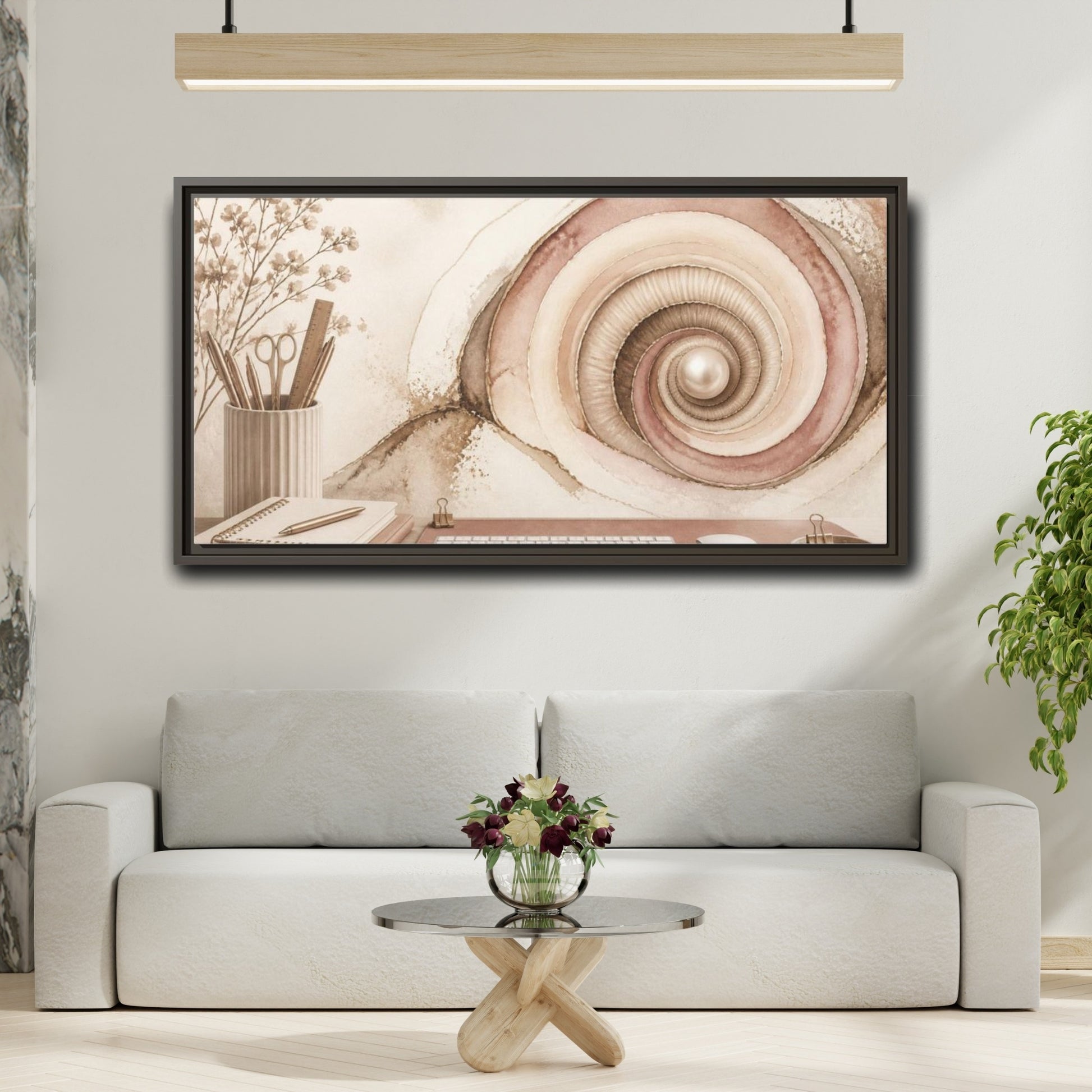Mockup 2. Office Spiral Shell With Pearl shown as framed canvas print