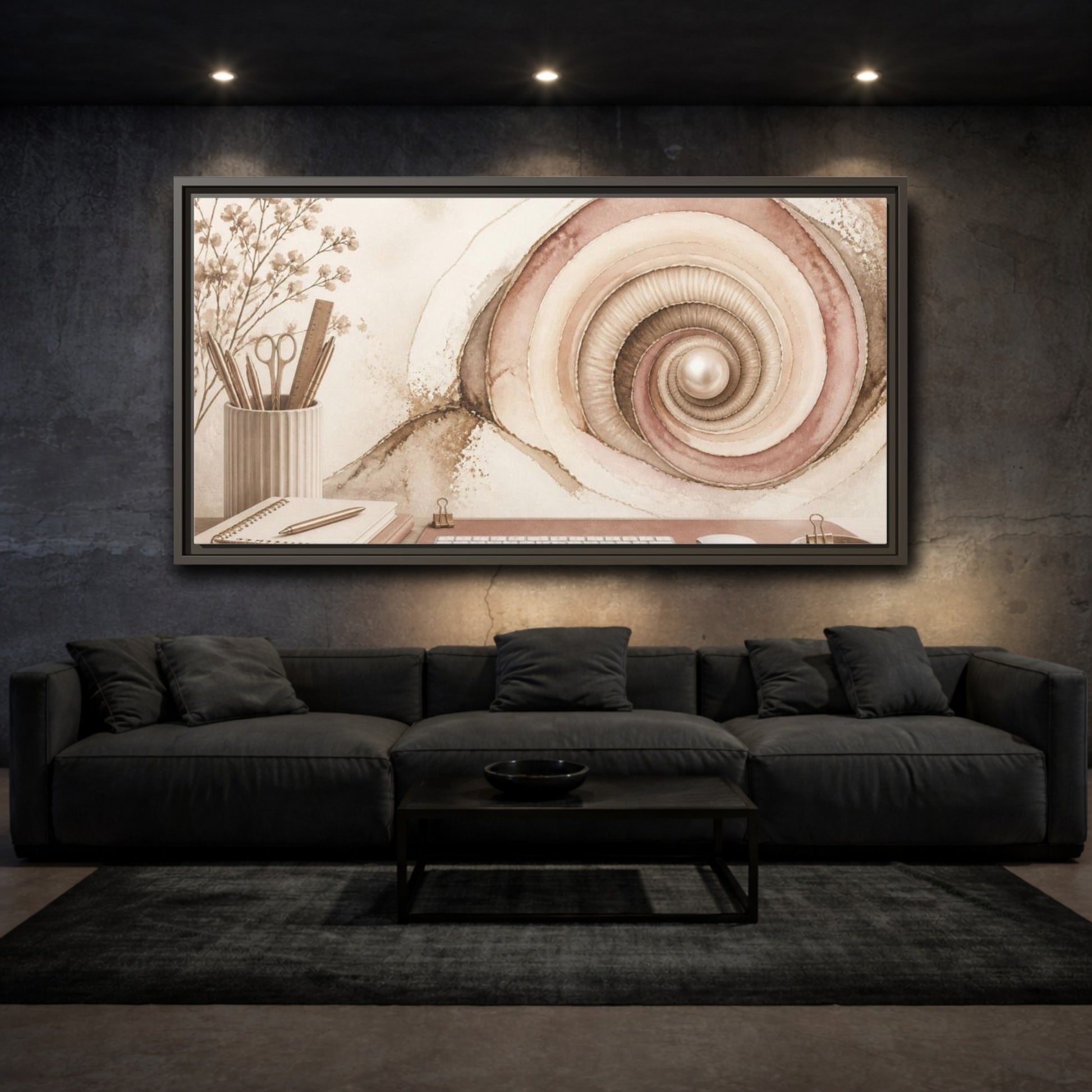 Mockup 3. Office Spiral Shell With Pearl shown as framed canvas print