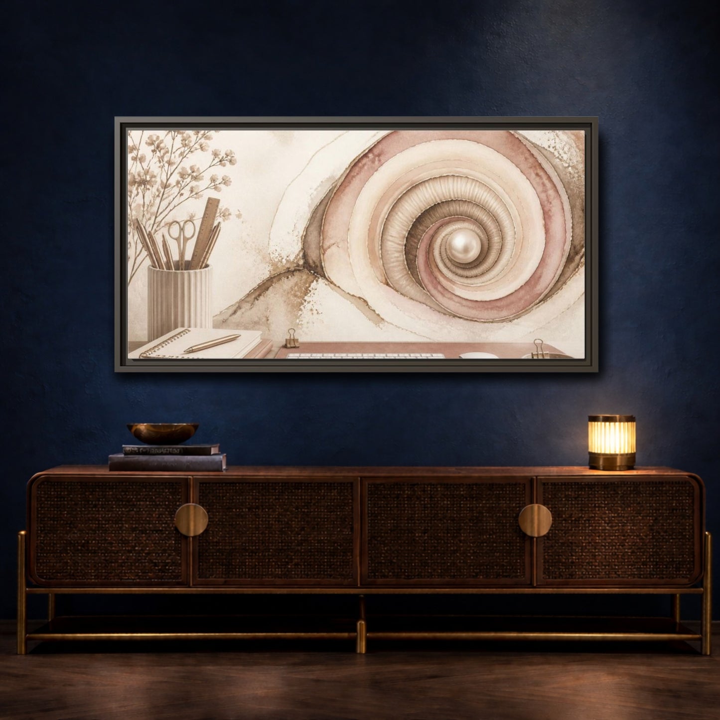 Mockup 4. Office Spiral Shell With Pearl shown as framed canvas print