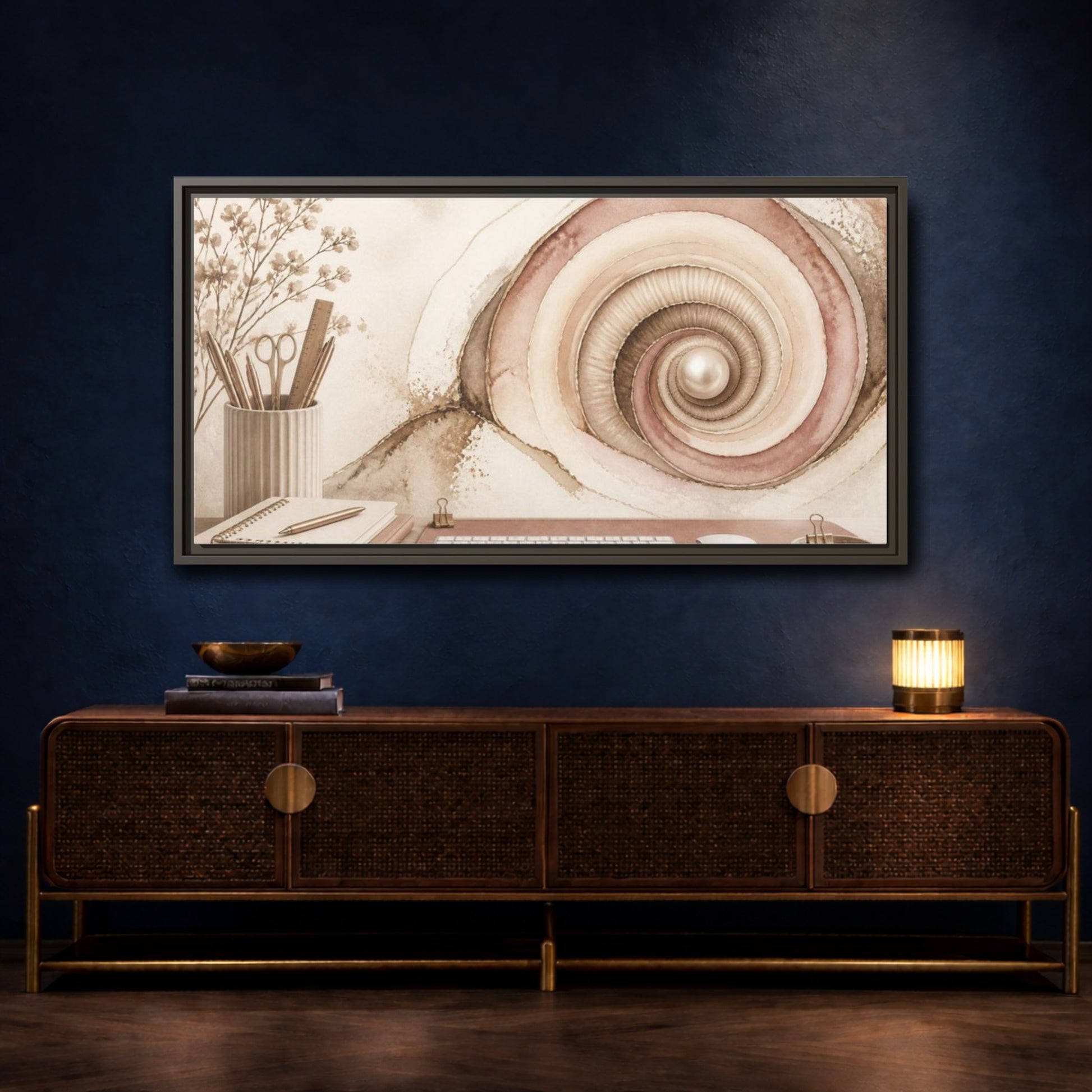 Mockup 4. Office Spiral Shell With Pearl shown as framed canvas print