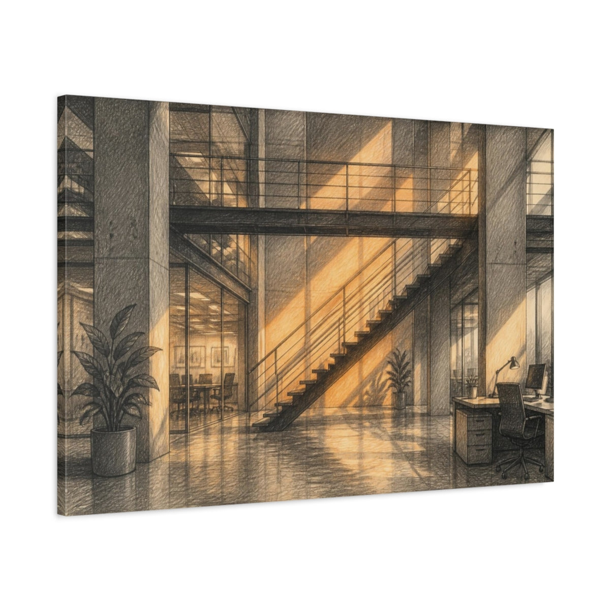 Main Mockup. Office Staircase Warm Light shown as canvas print