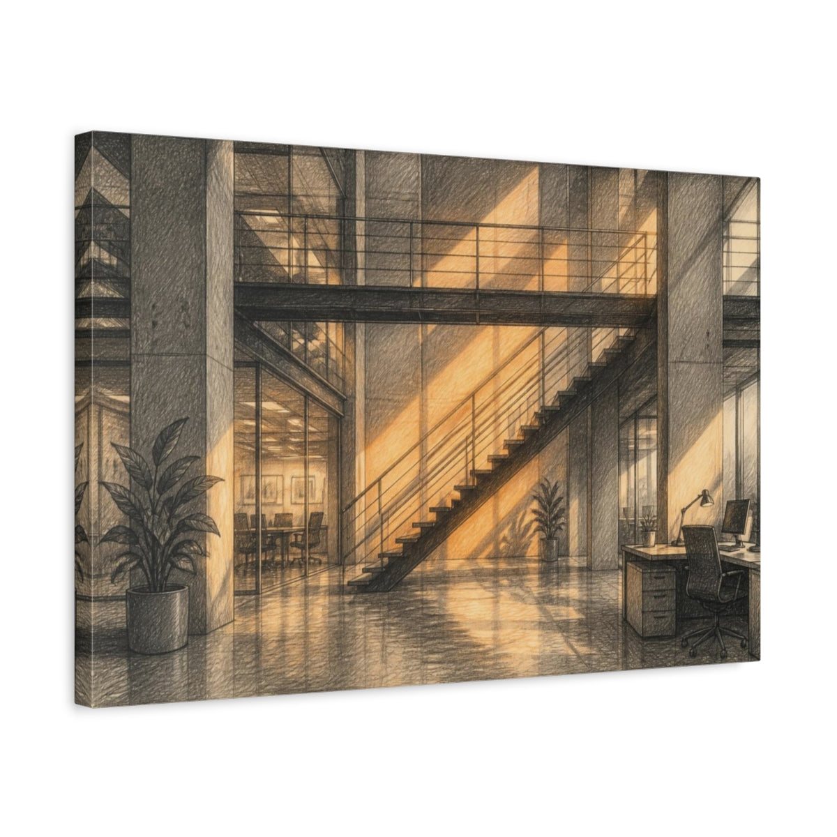 Side Mockup 3. Office Staircase Warm Light shown as canvas print