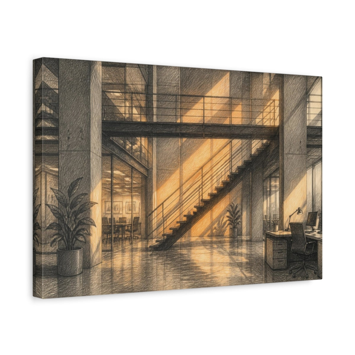 Side Mockup 4. Office Staircase Warm Light shown as canvas print