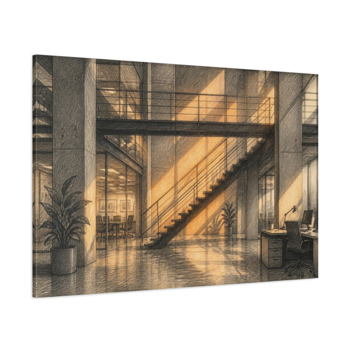 Side Mockup 1. Office Staircase Warm Light shown as canvas print