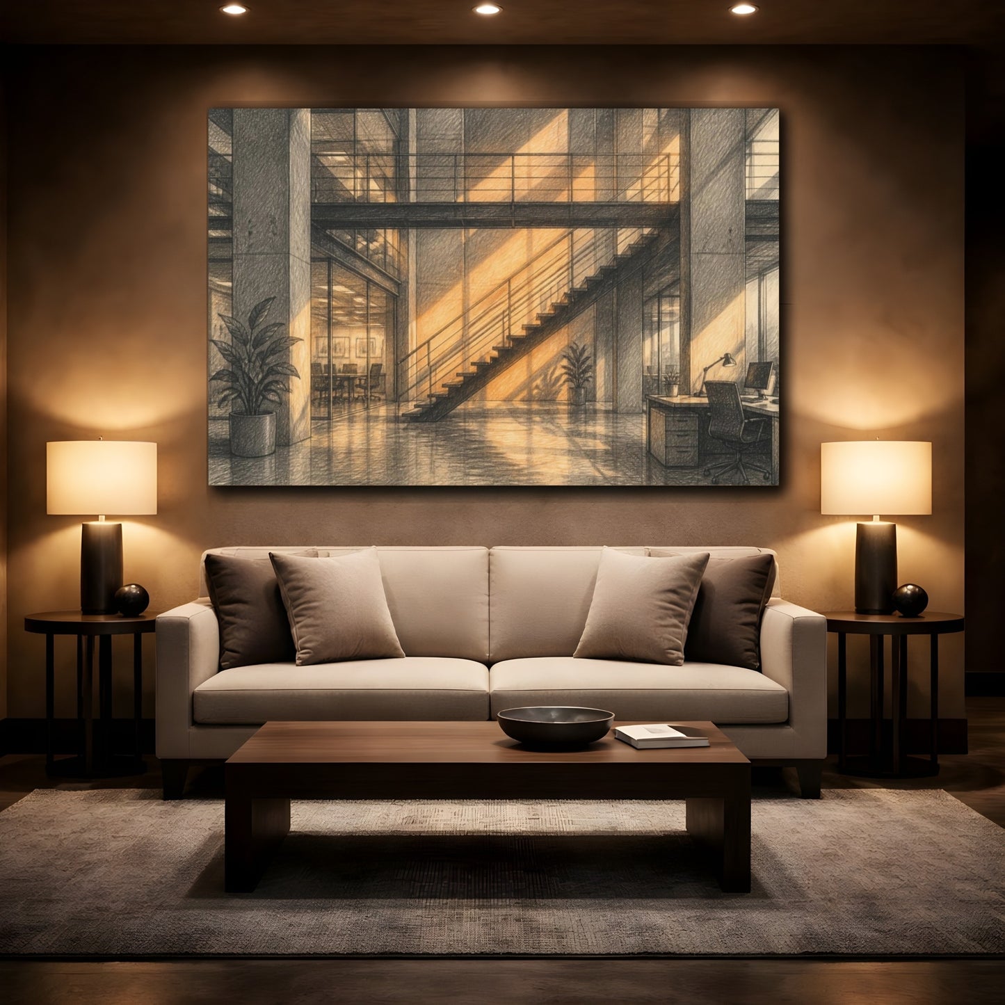 Mockup 2. Office Staircase Warm Light shown as canvas print