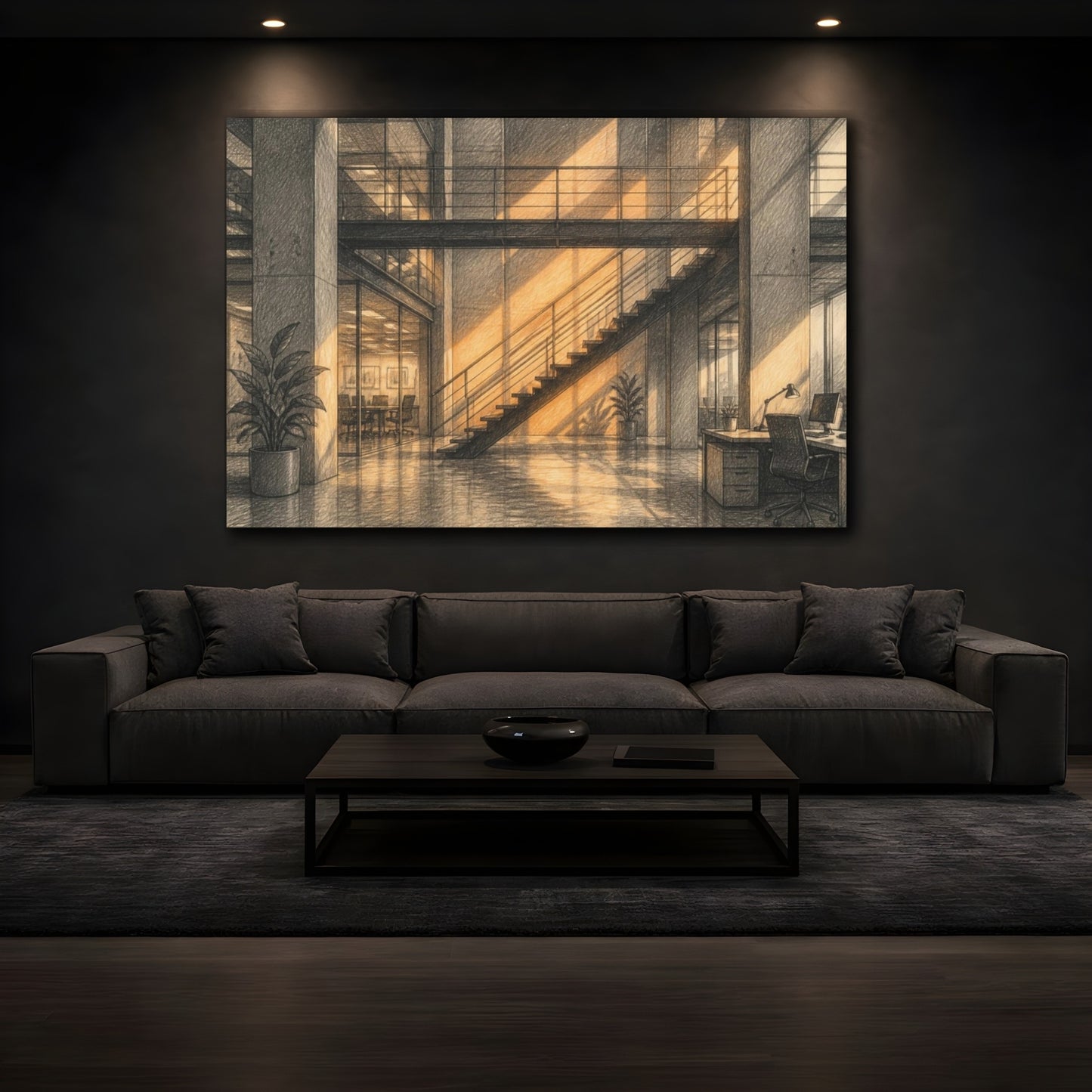 Mockup 3. Office Staircase Warm Light shown as canvas print