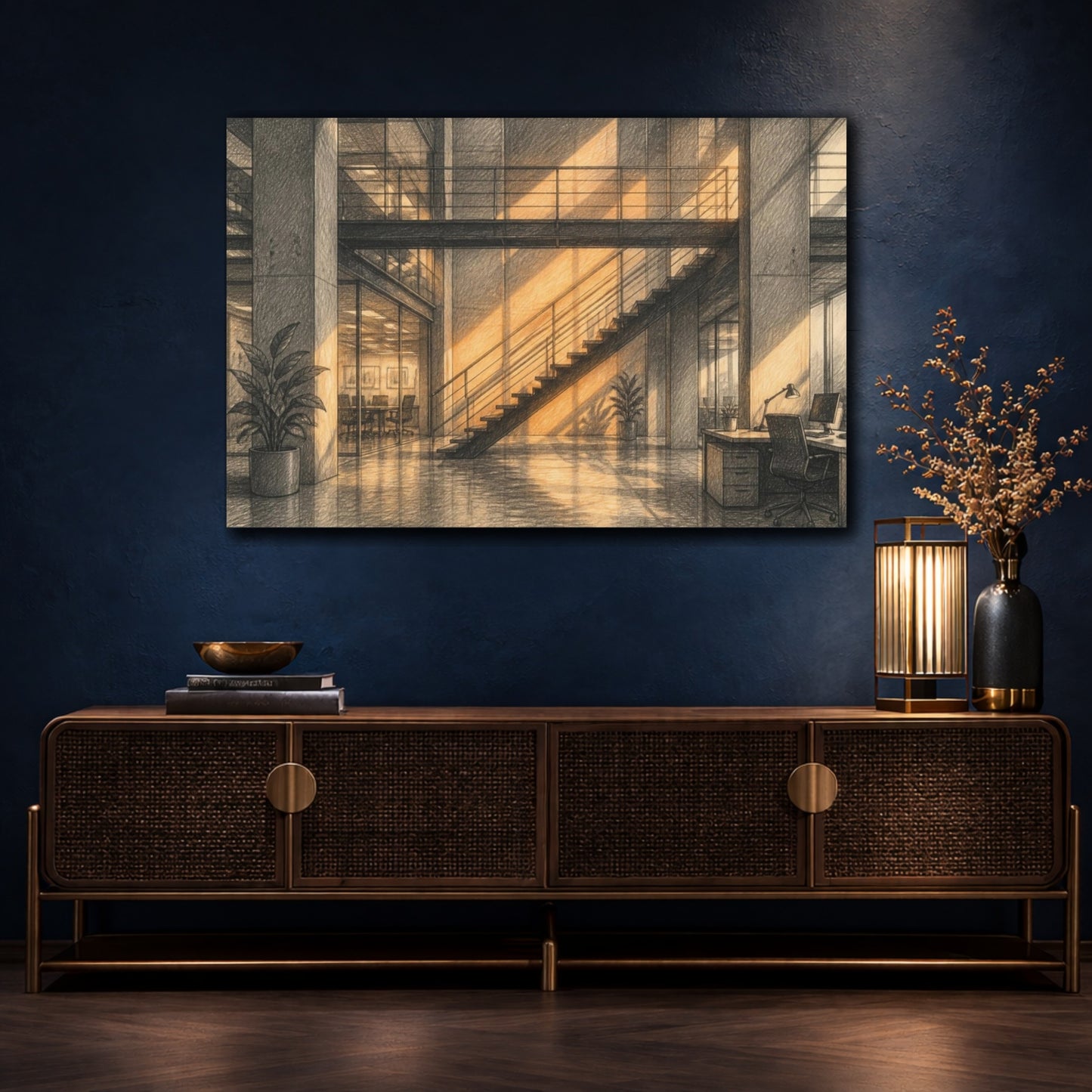 Mockup 4. Office Staircase Warm Light shown as canvas print