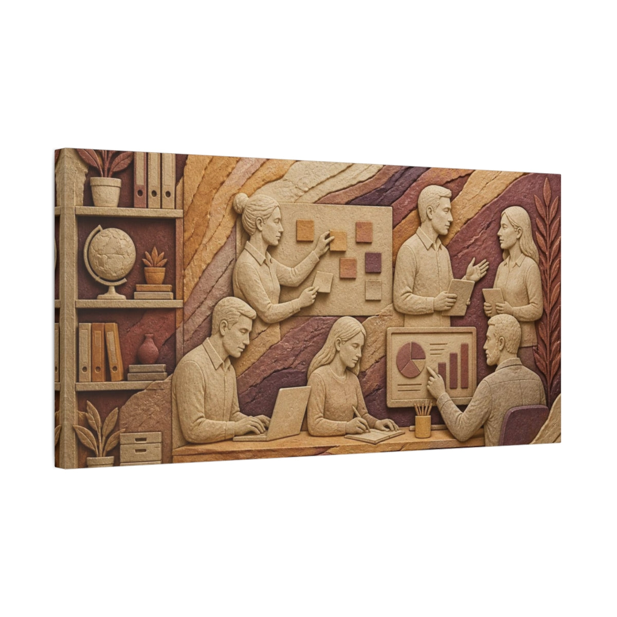 Side Mockup 1. Office Team Bas-Relief shown as canvas print