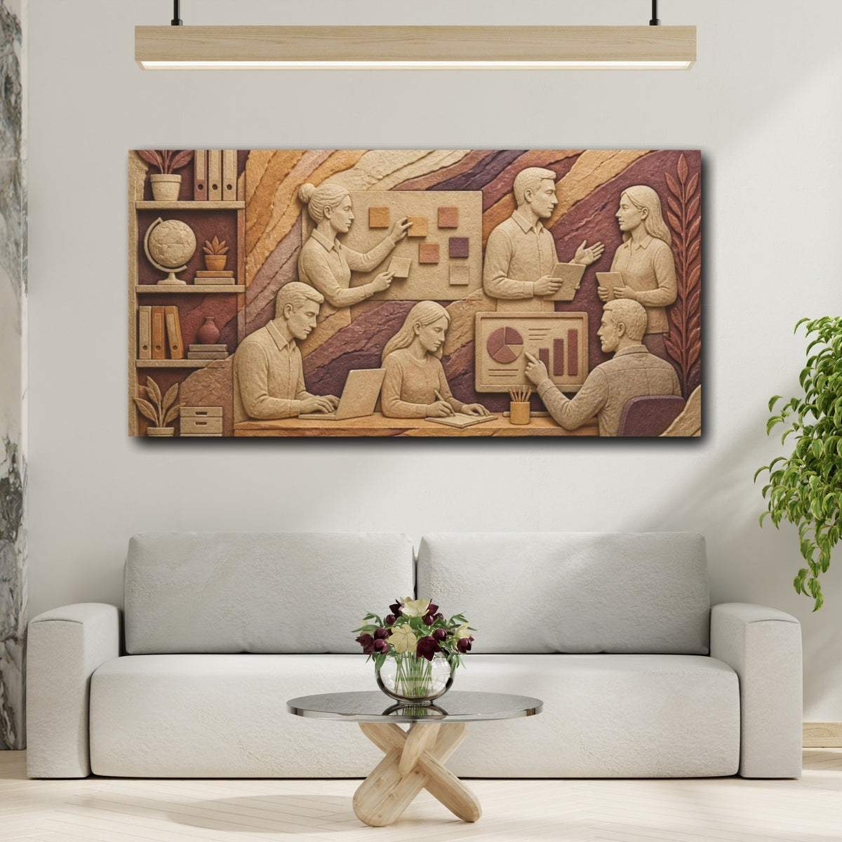 Mockup 2. Office Team Bas-Relief shown as canvas print