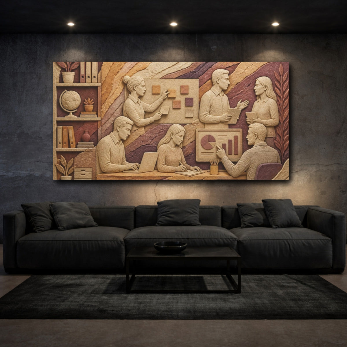 Mockup 3. Office Team Bas-Relief shown as canvas print