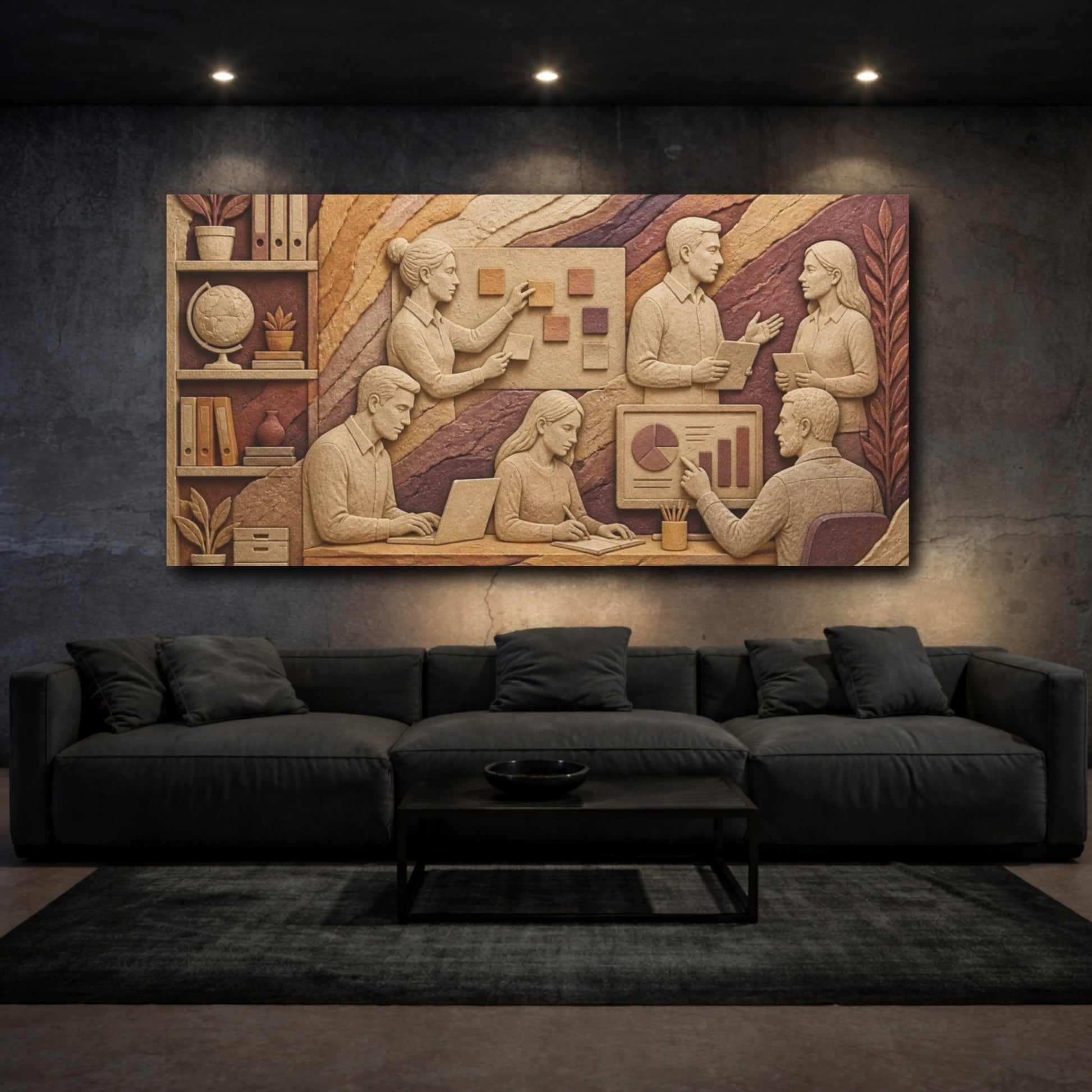 Mockup 3. Office Team Bas-Relief shown as canvas print